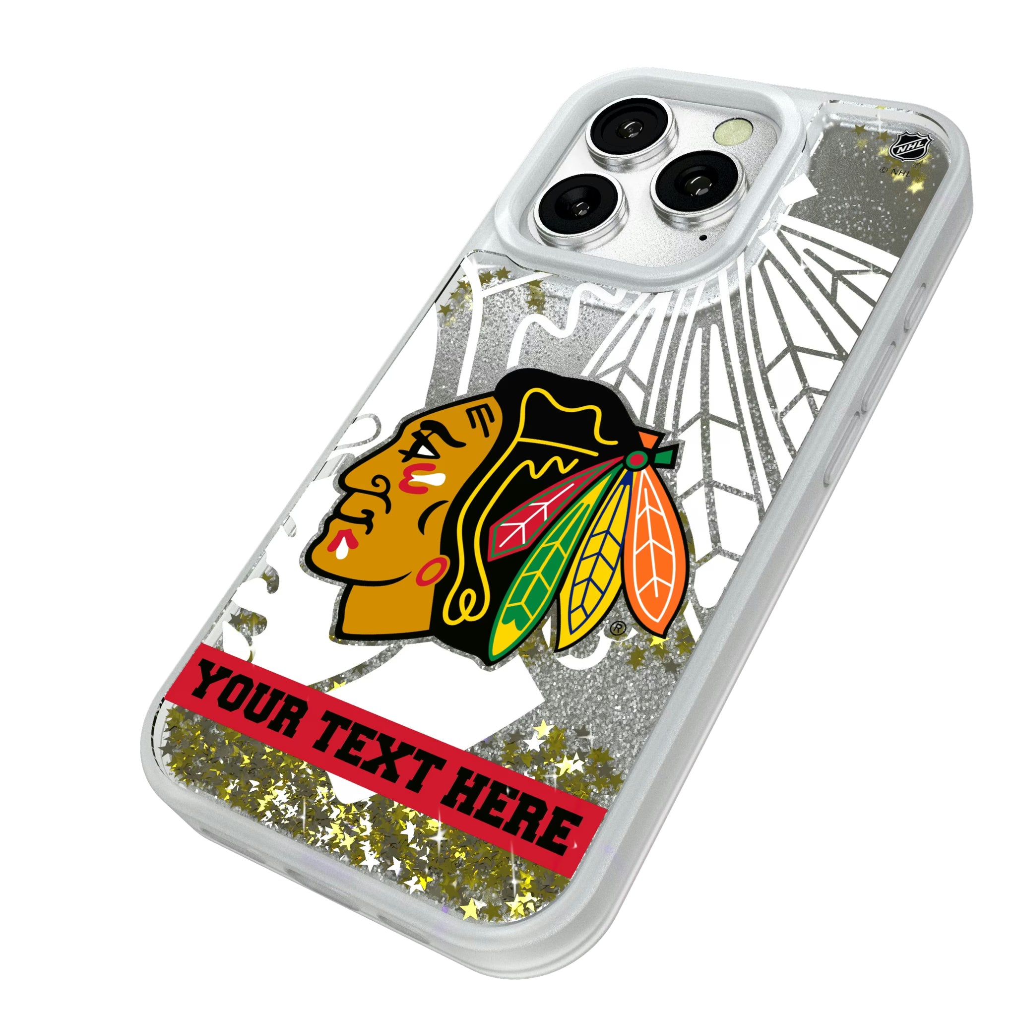 Chicago Blackhawks Personalized Tilt iPhone Glitter Phone Case for Apple iPhone - Isometric View#Device_iPhone 16 Pro