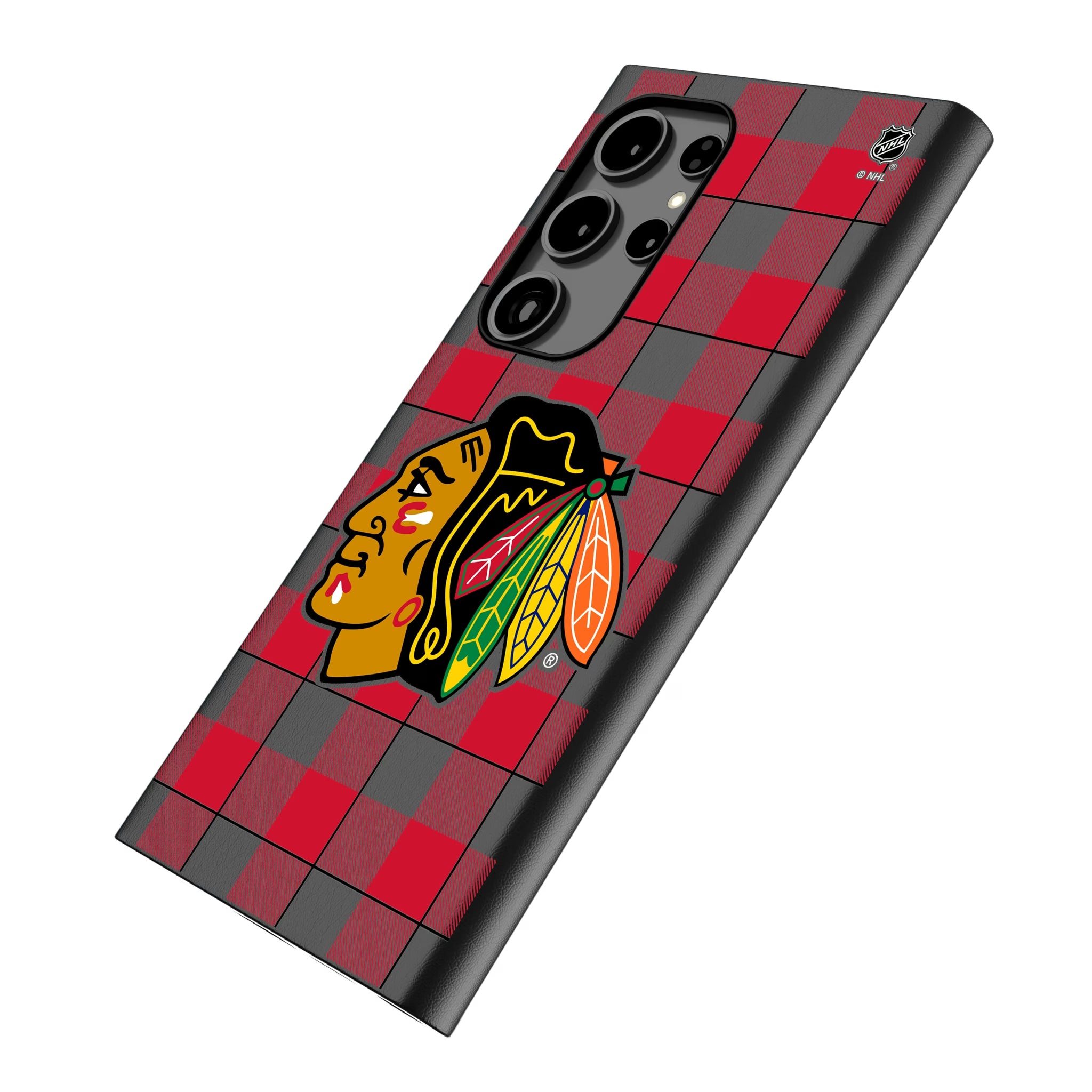 Chicago Blackhawks Plaid Galaxy MagSafe Compatible Phone Case for Samsung Galaxy - Isometric View