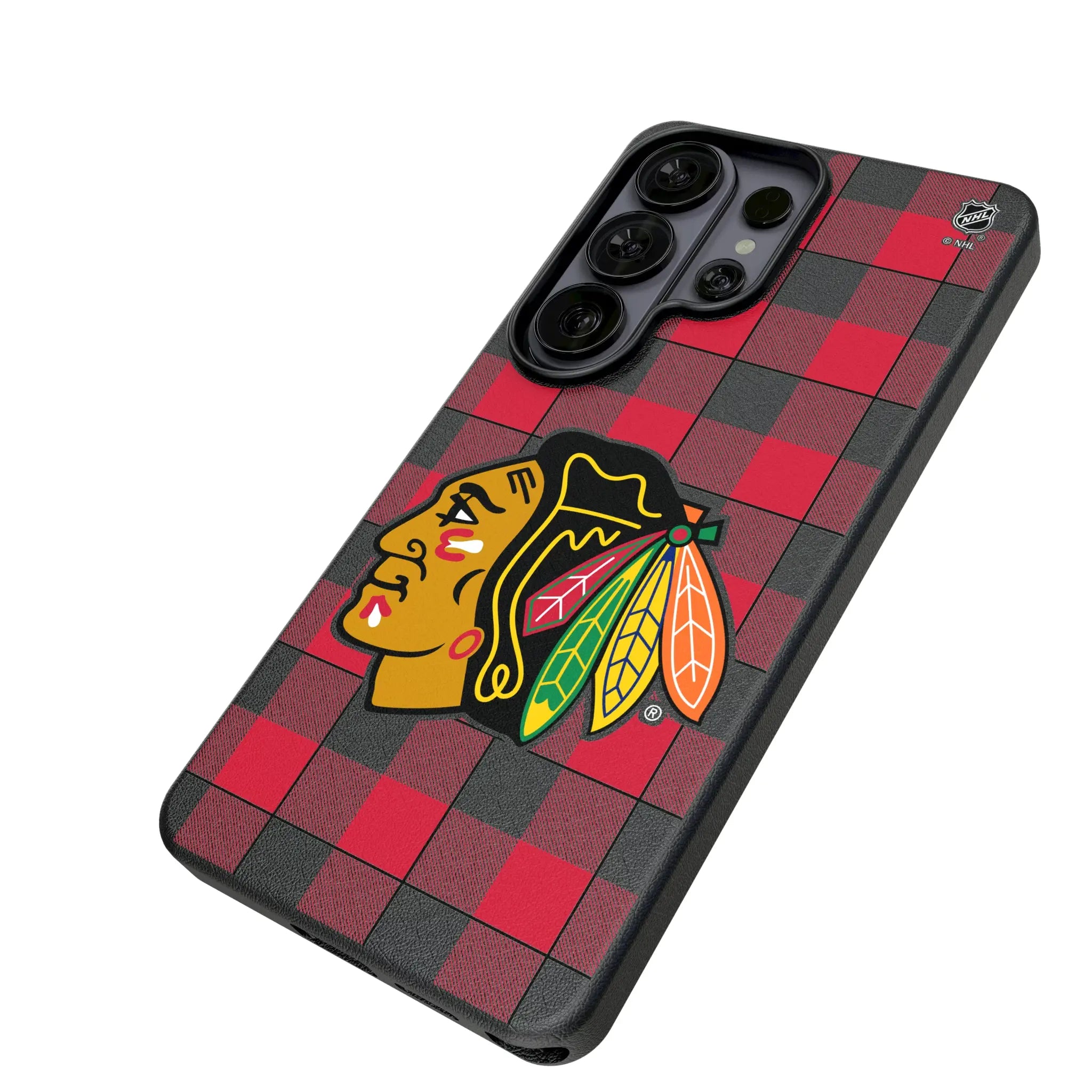 Chicago Blackhawks Plaid Galaxy MagSafe Compatible Phone Case for Samsung Galaxy - Isometric View#Device_Galaxy S26 Ultra