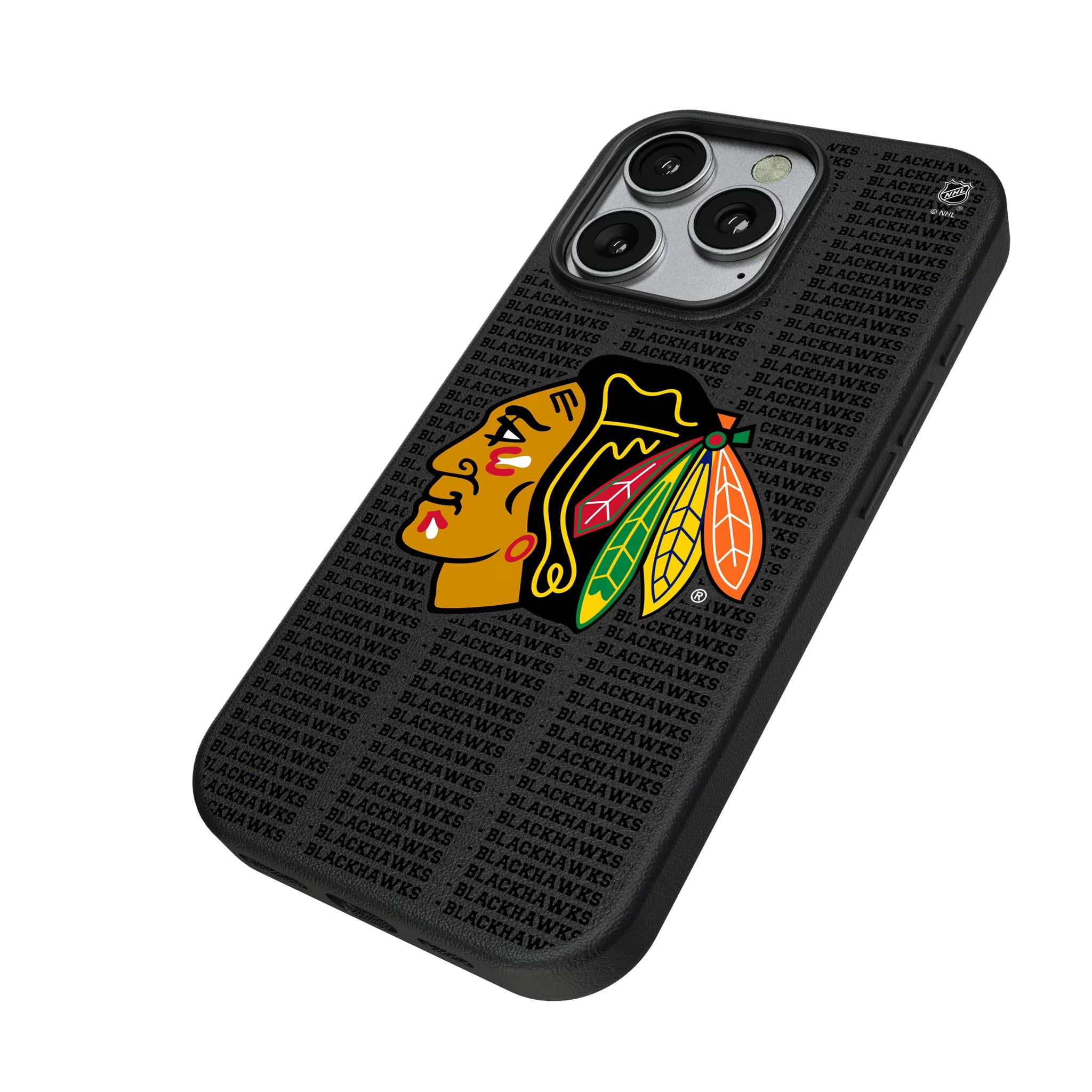 Chicago Blackhawks Text Backdrop iPhone MagSafe Compatible Phone Case for Apple iPhone - Isometric View