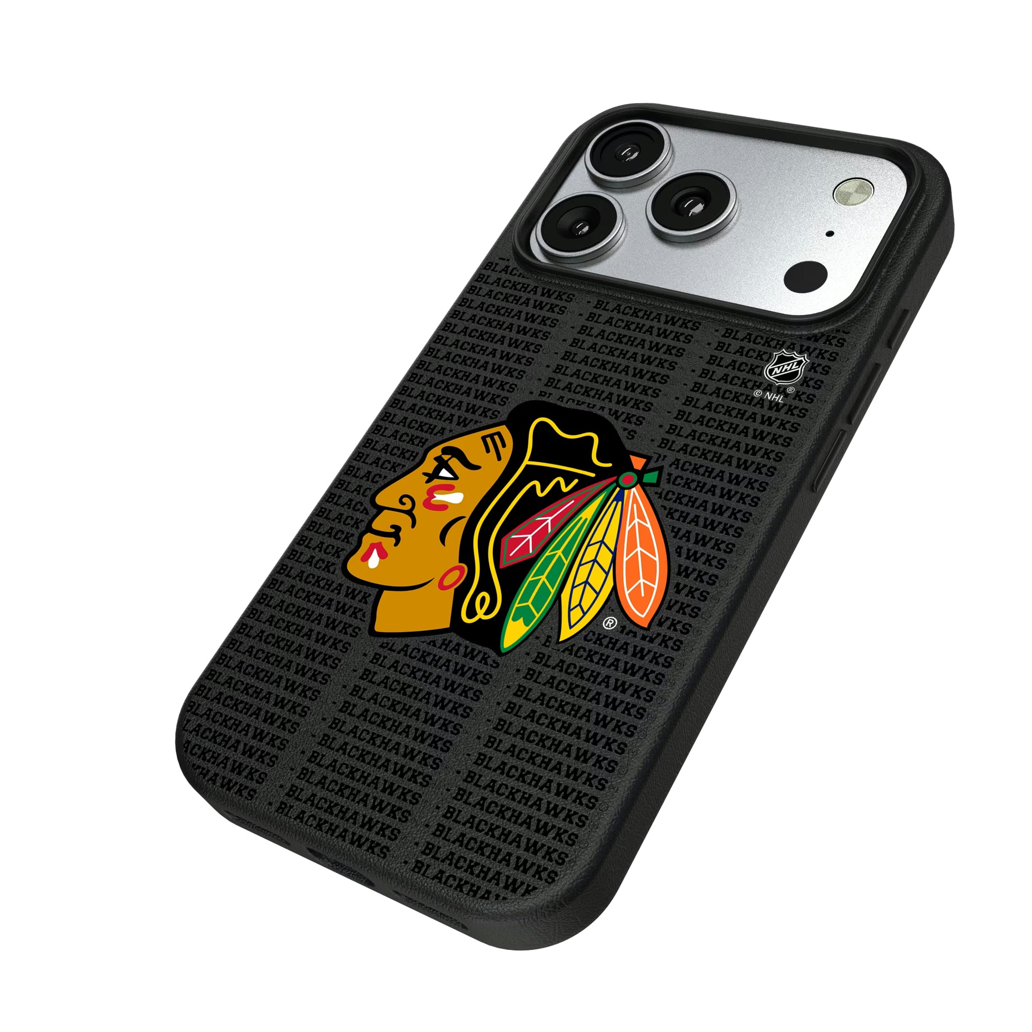 Chicago Blackhawks Text Backdrop iPhone MagSafe Compatible Phone Case for Apple iPhone - Isometric View#Device_iPhone 17 Pro