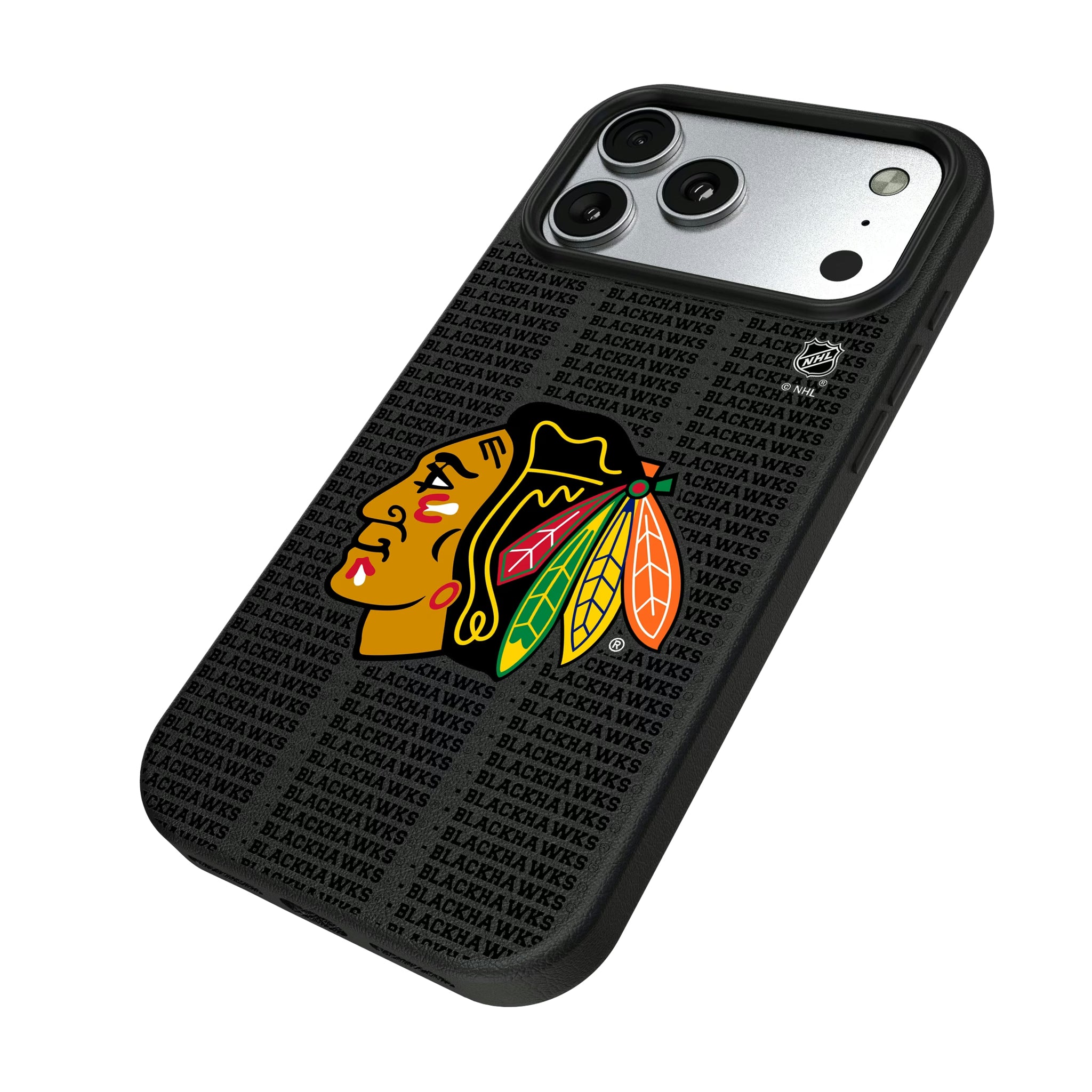Chicago Blackhawks Text Backdrop iPhone MagSafe Compatible Phone Case for Apple iPhone - Isometric View#Device_iPhone 17 Pro Max