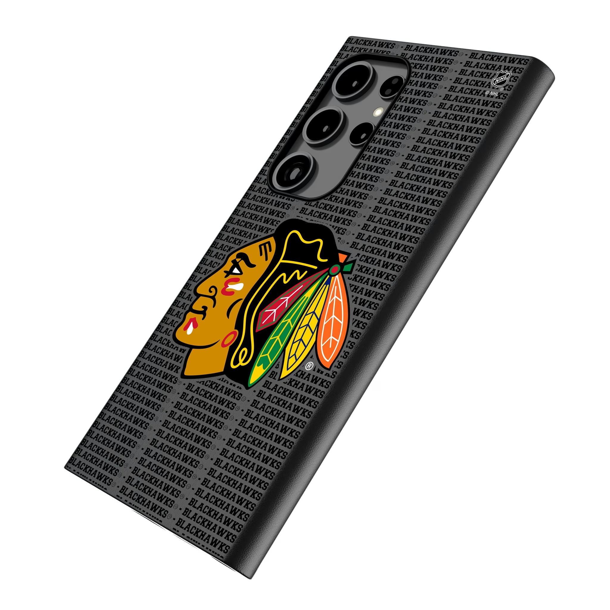 Chicago Blackhawks Text Backdrop Galaxy MagSafe Compatible Phone Case for Samsung Galaxy - Isometric View