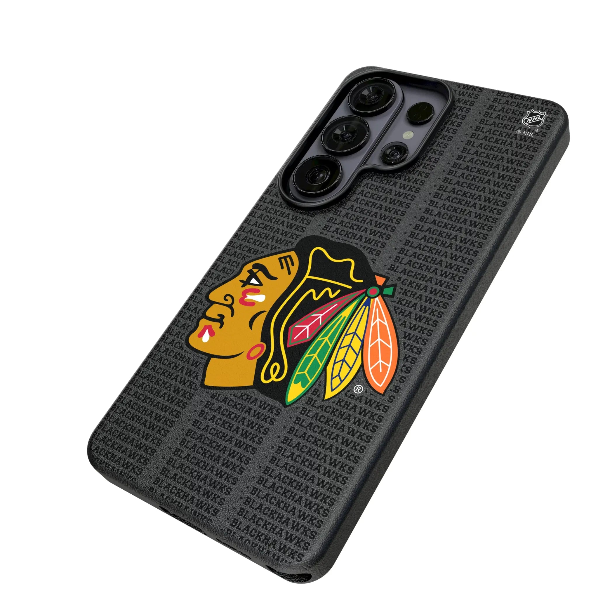 Chicago Blackhawks Text Backdrop Galaxy MagSafe Compatible Phone Case for Samsung Galaxy - Isometric View#Device_Galaxy S26 Ultra