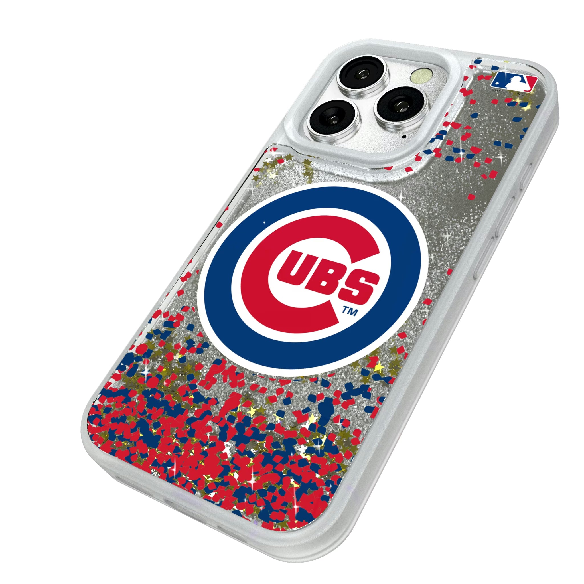Chicago Cubs Confetti iPhone Glitter Phone Case for Apple iPhone - Isometric View#Device_iPhone 16 Pro