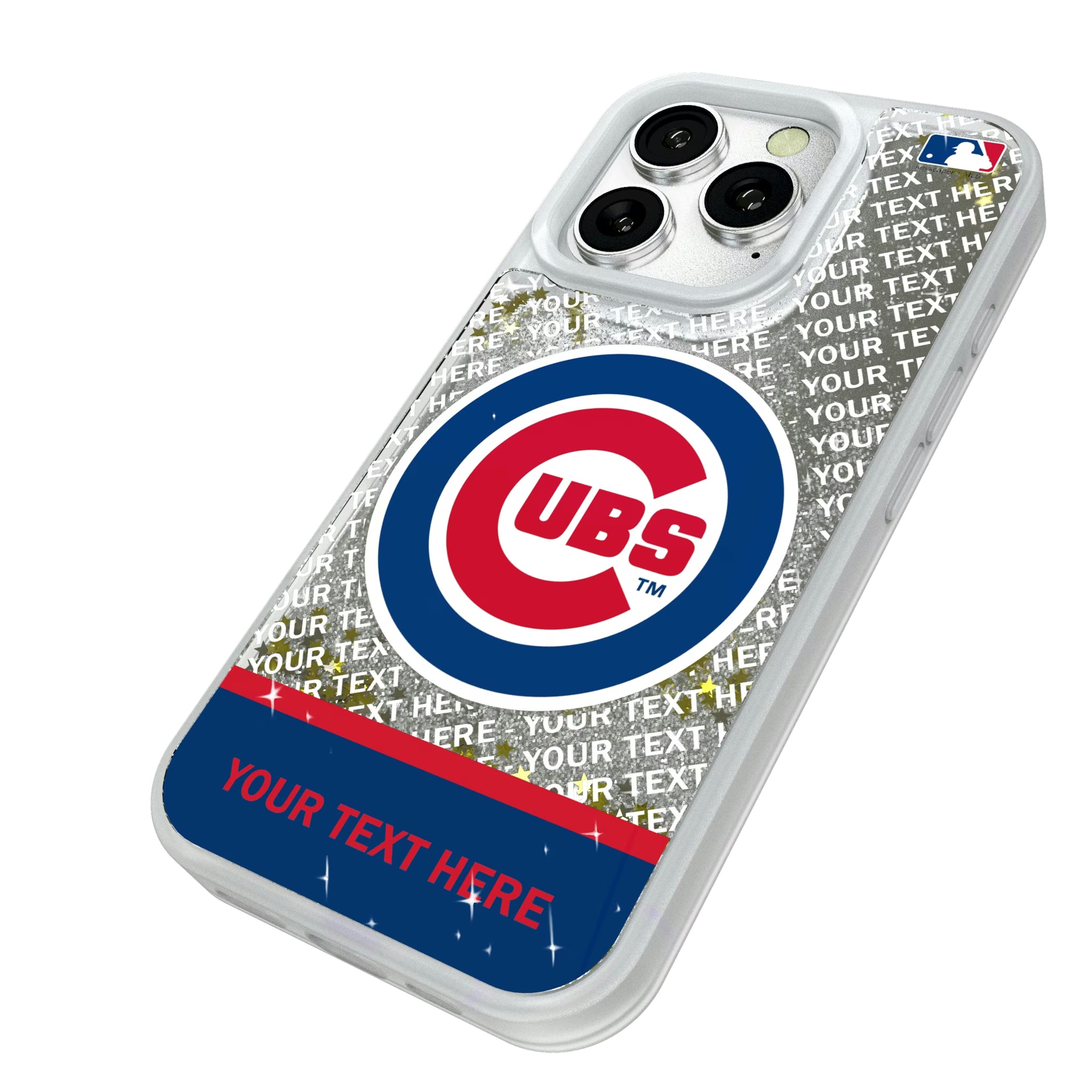Chicago Cubs Personalized EndZone Plus iPhone Glitter Phone Case for Apple iPhone - Isometric View#Device_iPhone 16 Pro