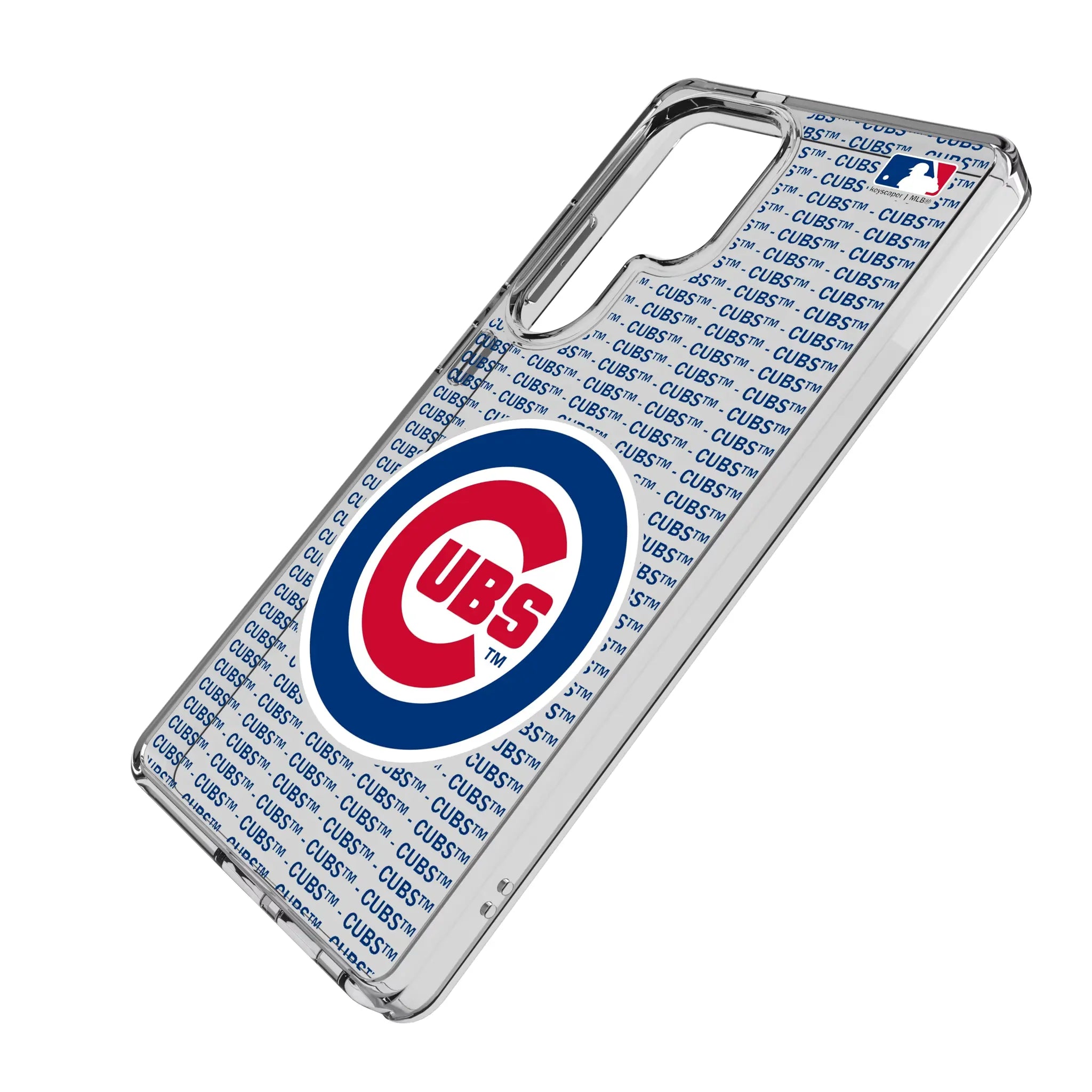 Chicago Cubs Text Backdrop Galaxy Clear Phone Case for Samsung Galaxy - Isometric View#Device_Galaxy S25 Ultra