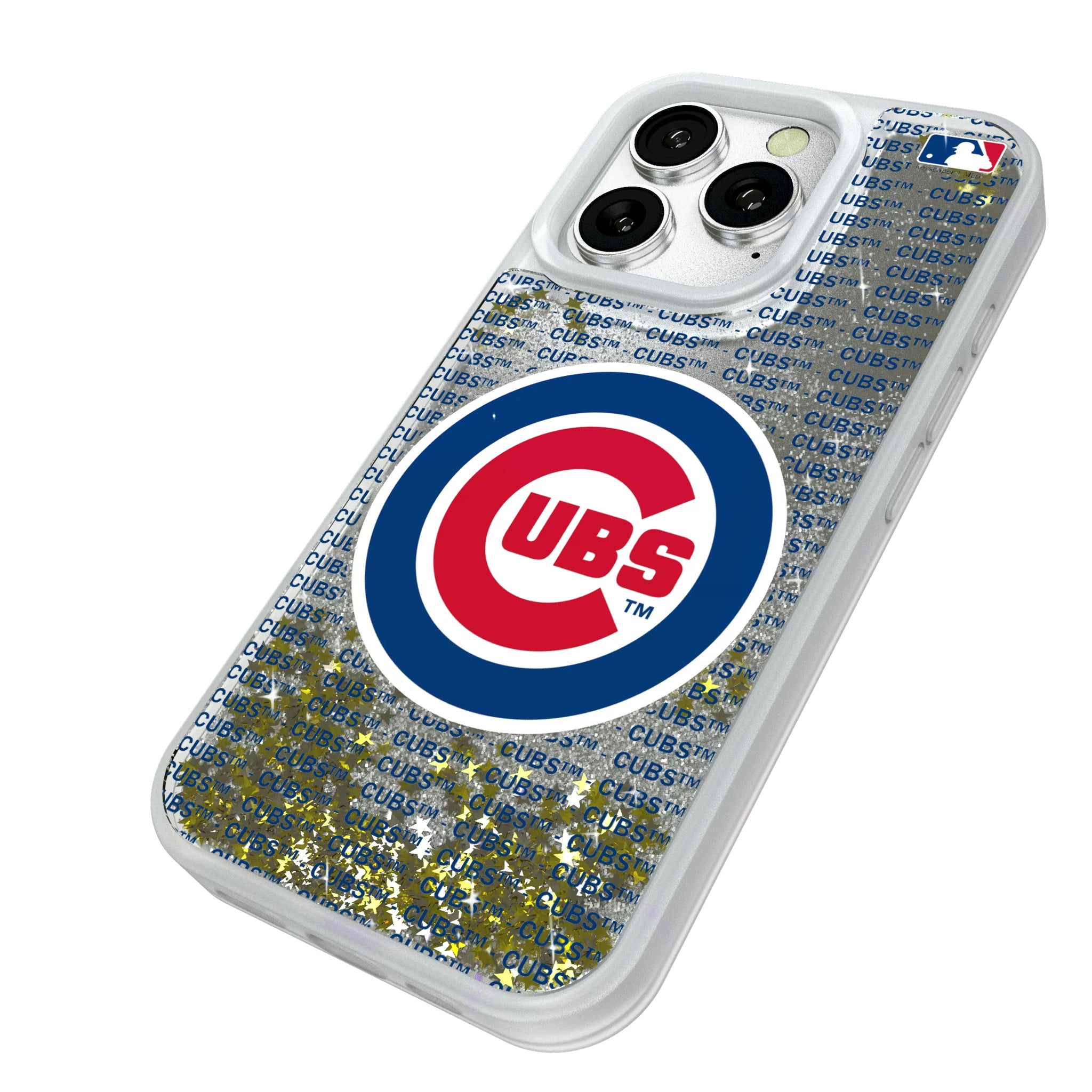 Chicago Cubs Text Backdrop iPhone Glitter Phone Case for Apple iPhone - Isometric View#Device_iPhone 16 Pro