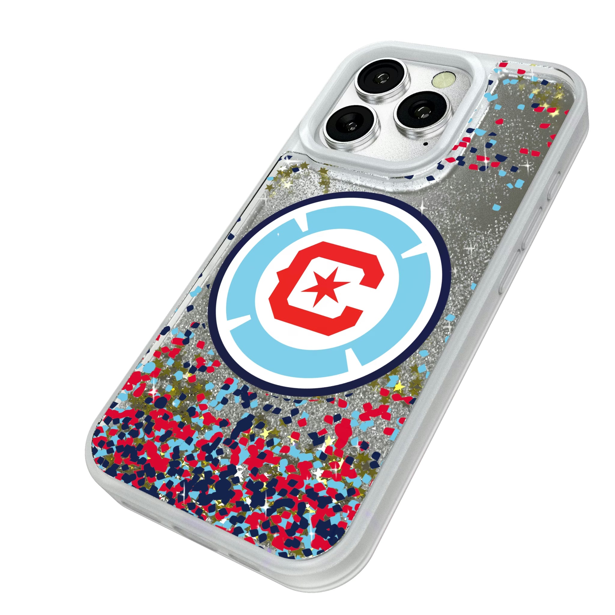 Chicago Fire Confetti iPhone Glitter Phone Case for Apple iPhone - Isometric View#Device_iPhone 16 Pro