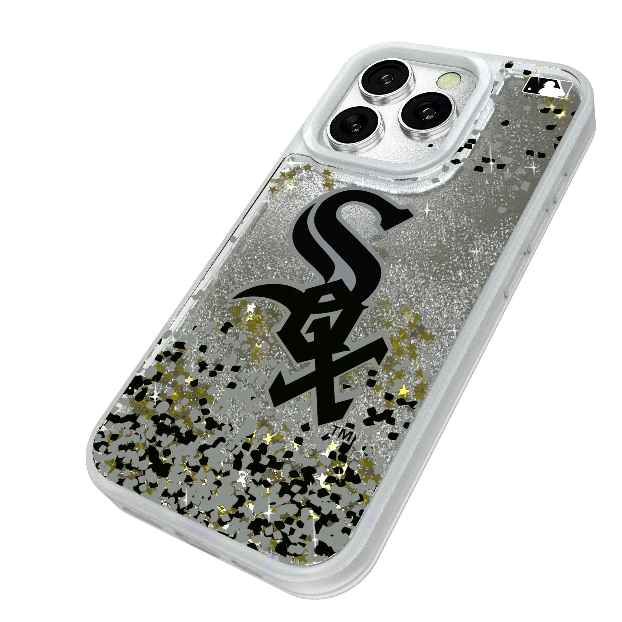 Chicago White Sox Confetti iPhone Glitter Phone Case for Apple iPhone - Isometric View#Device_iPhone 16 Pro