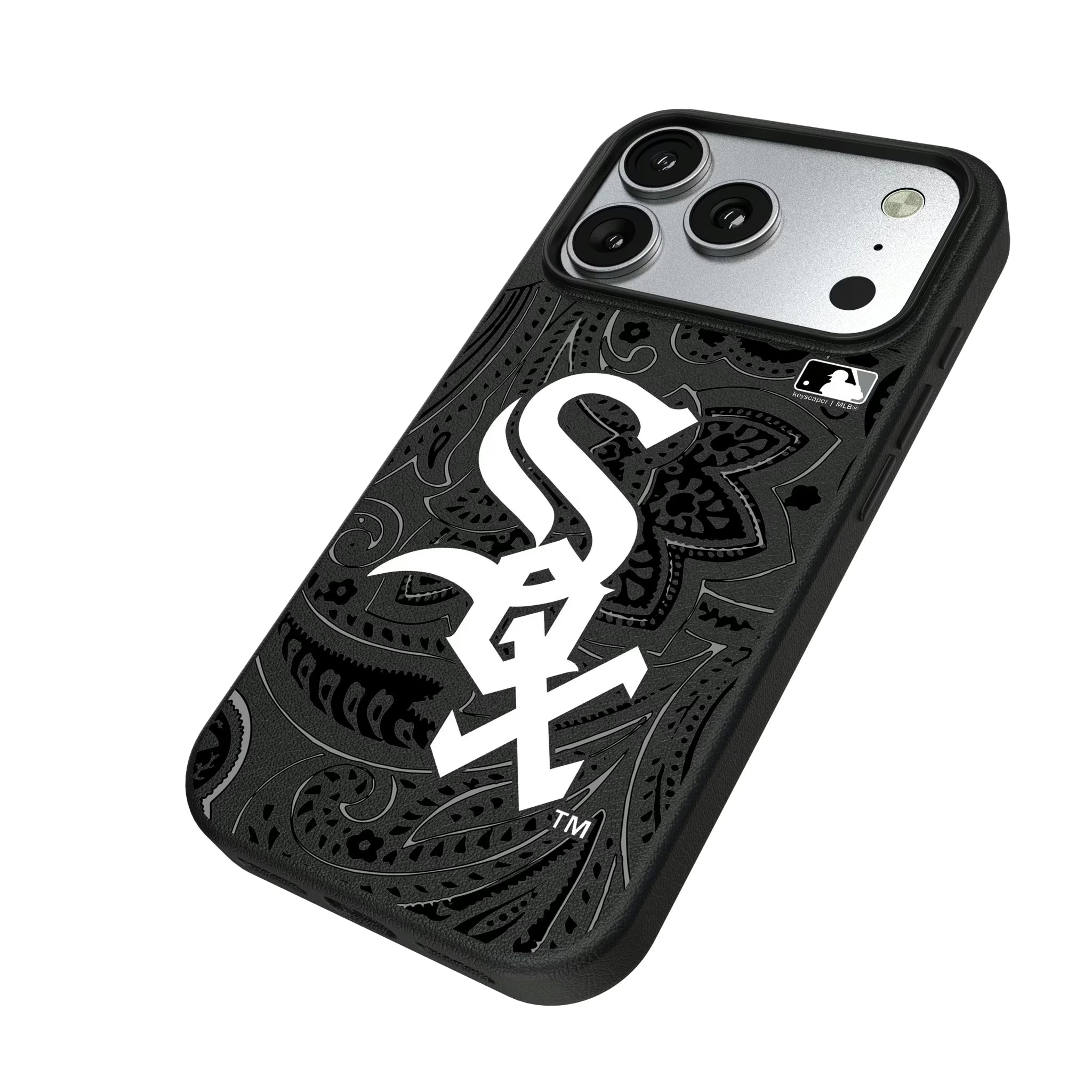 Chicago White Sox Paisley iPhone MagSafe Compatible Phone Case for Apple iPhone - Isometric View#Device_iPhone 17 Pro