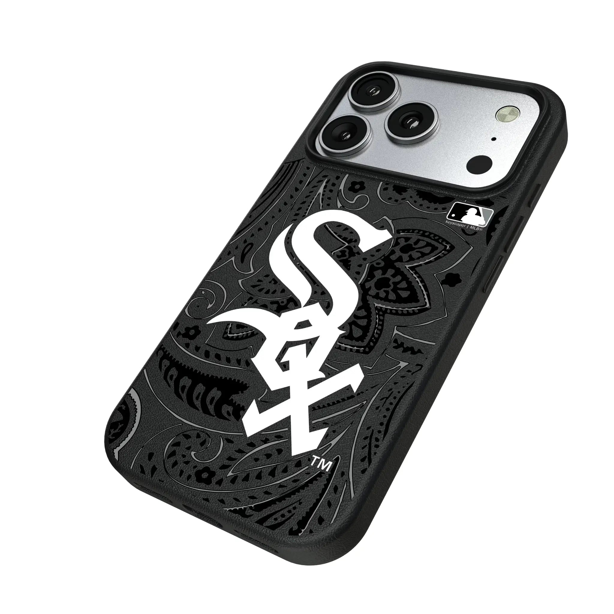Chicago White Sox Paisley iPhone MagSafe Compatible Phone Case for Apple iPhone - Isometric View#Device_iPhone 17 Pro