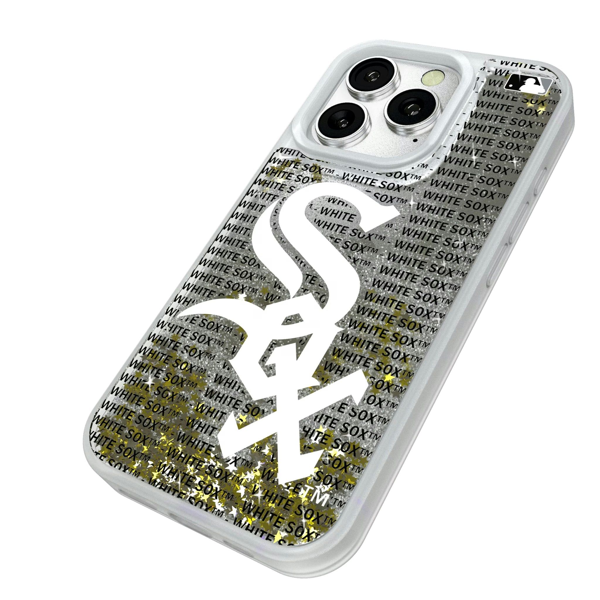 Chicago White Sox Text Backdrop iPhone Glitter Phone Case for Apple iPhone - Isometric View#Device_iPhone 16 Pro
