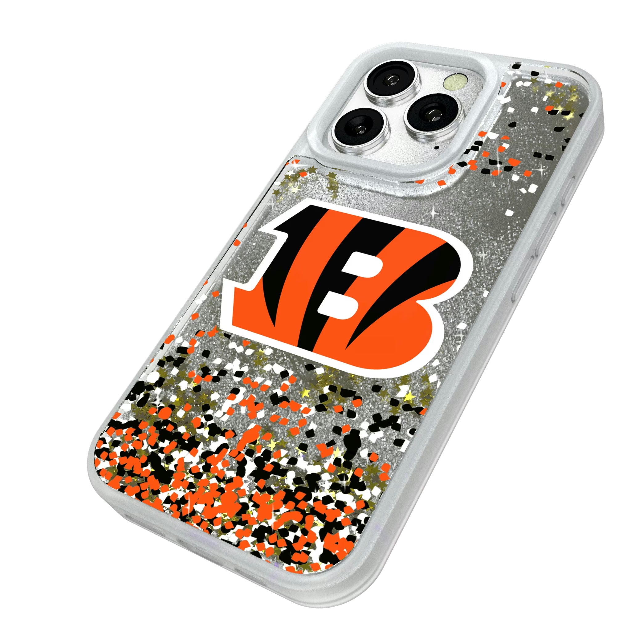 Cincinnati Bengals Confetti iPhone Glitter Phone Case for Apple iPhone - Isometric View#Device_iPhone 16 Pro