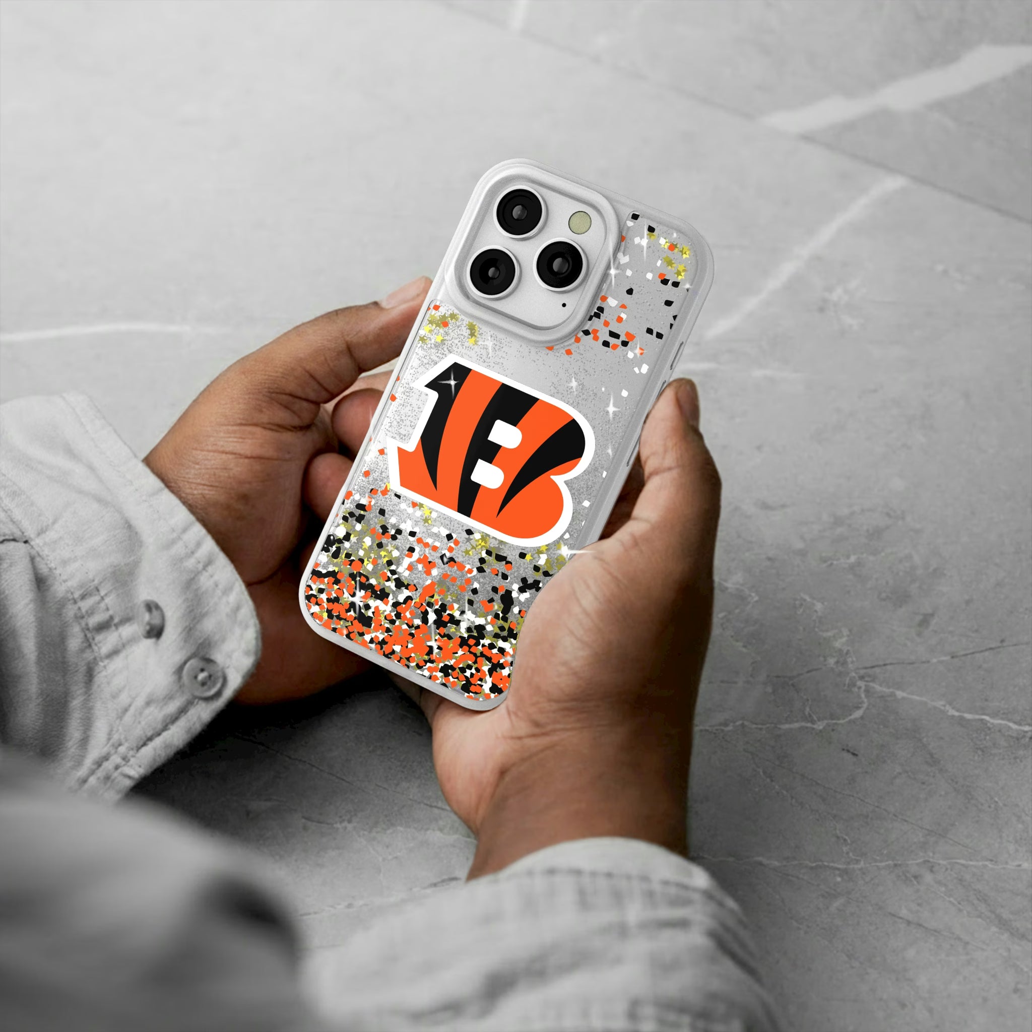 Cincinnati Bengals Confetti iPhone Glitter Phone Case for Apple iPhone - Lifestyle#Device_iPhone 16 Pro
