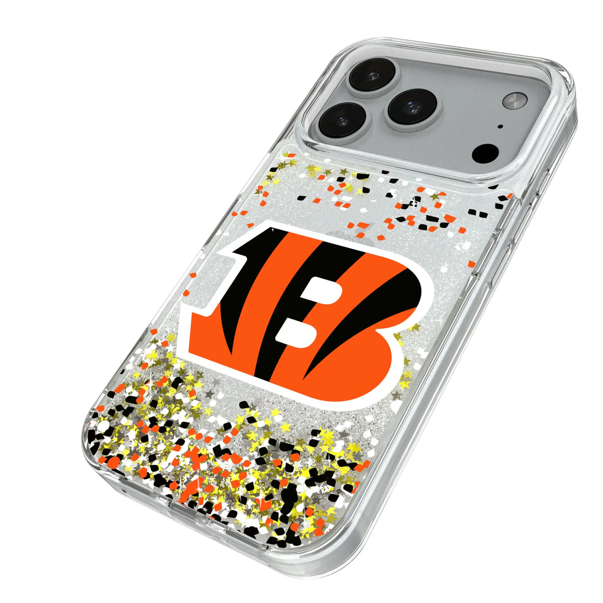 Cincinnati Bengals Confetti iPhone Glitter Phone Case for Apple iPhone - Isometric View#Device_iPhone 18 Pro