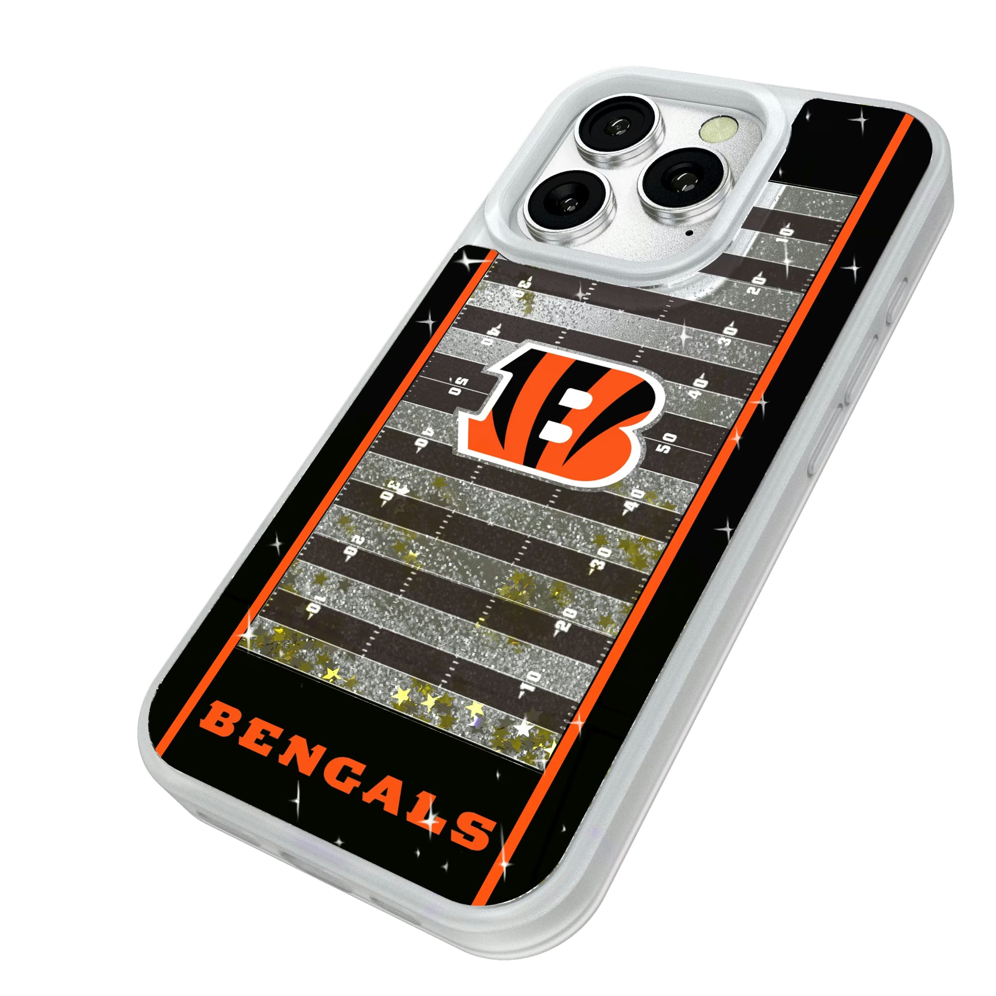 Cincinnati Bengals Field iPhone Glitter Phone Case for Apple iPhone - Isometric View#Device_iPhone 16 Pro