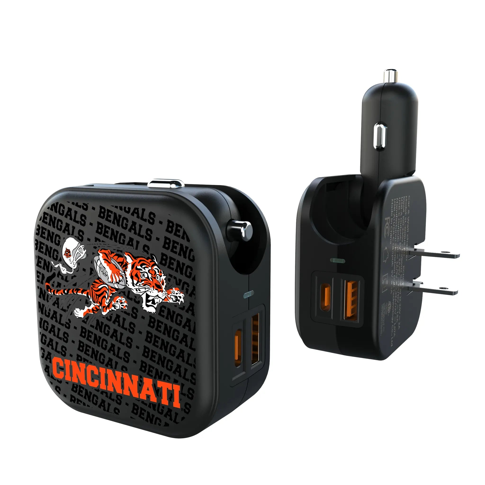 Cincinnati Bengals Historic Collection Text Backdrop 2 in 1 USB A/C Charger
