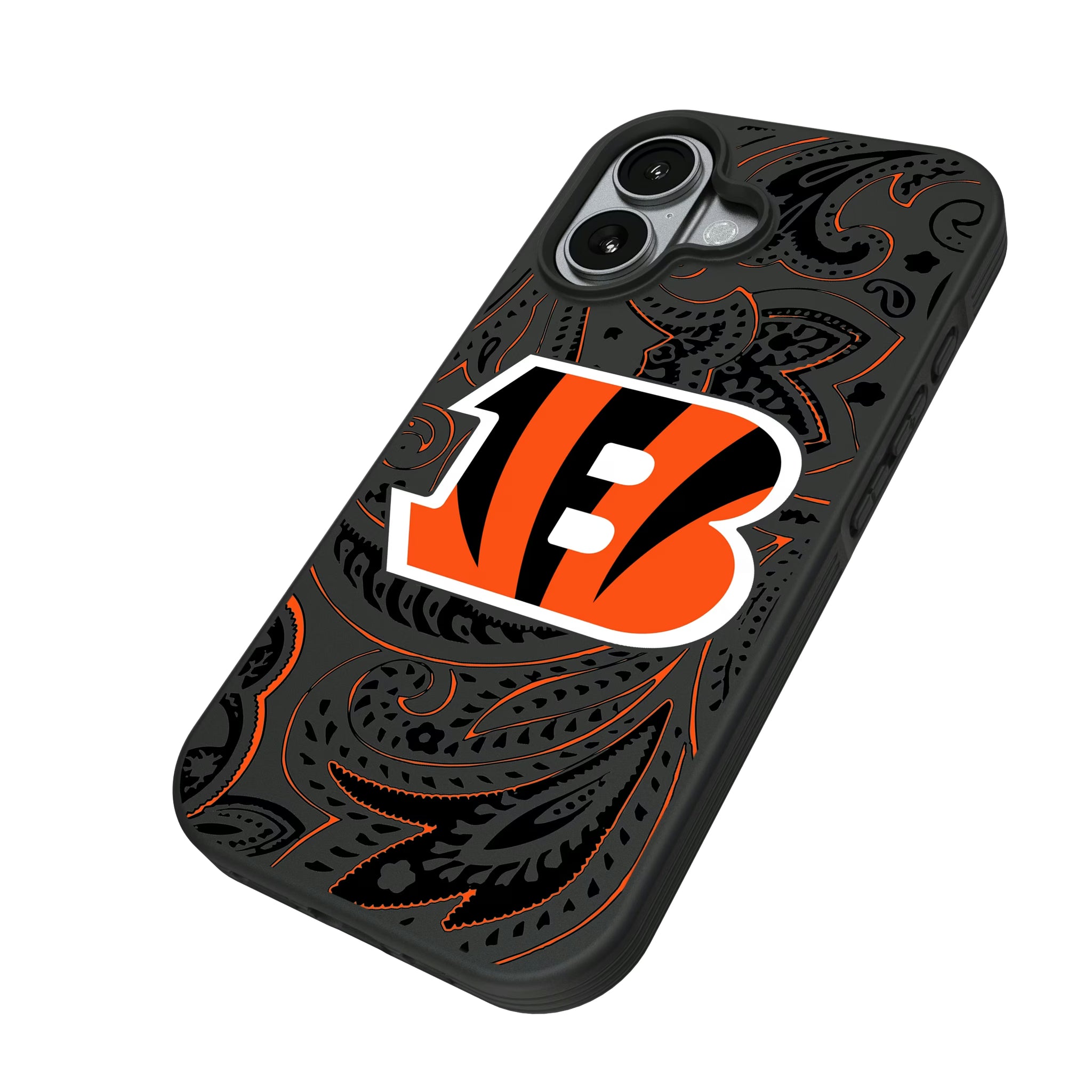 Cincinnati Bengals Paisley iPhone Bump Phone Case for Apple iPhone - Isometric View#Device_iPhone 17