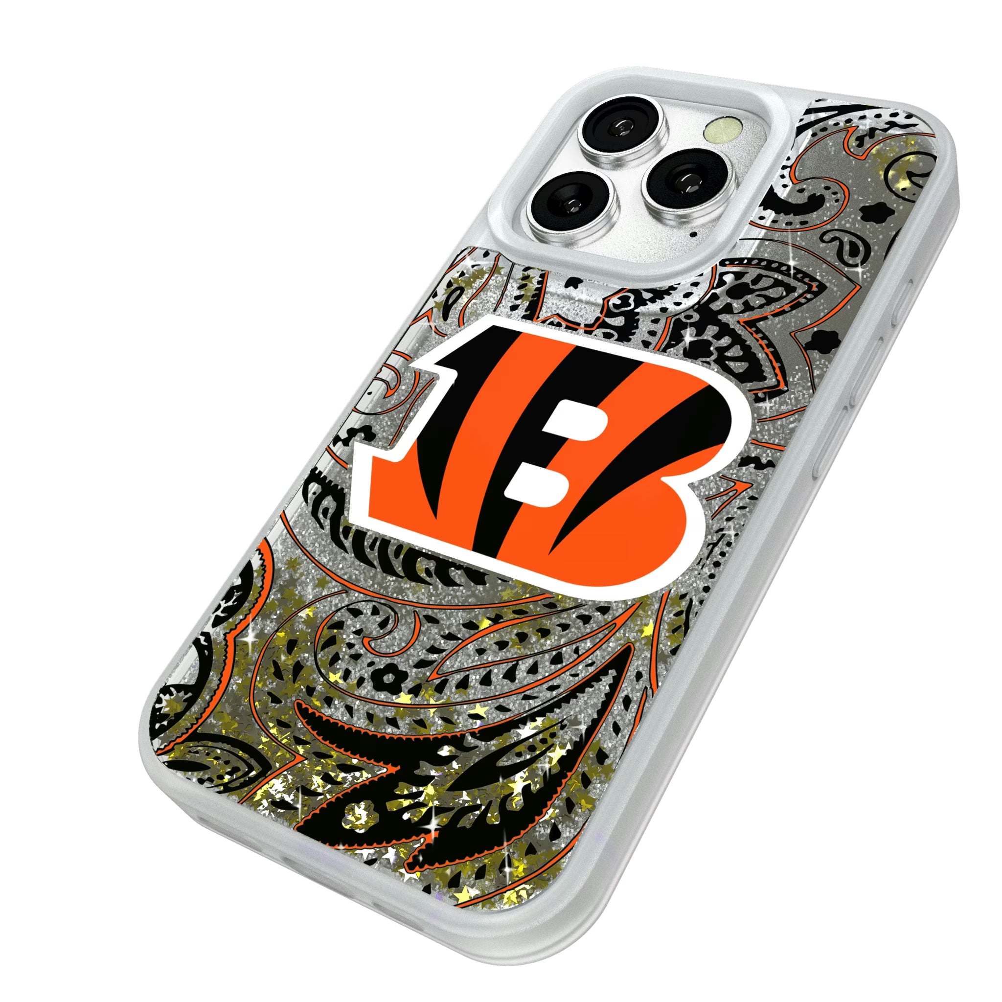 Cincinnati Bengals Paisley iPhone Glitter Phone Case for Apple iPhone - Isometric View#Device_iPhone 16 Pro