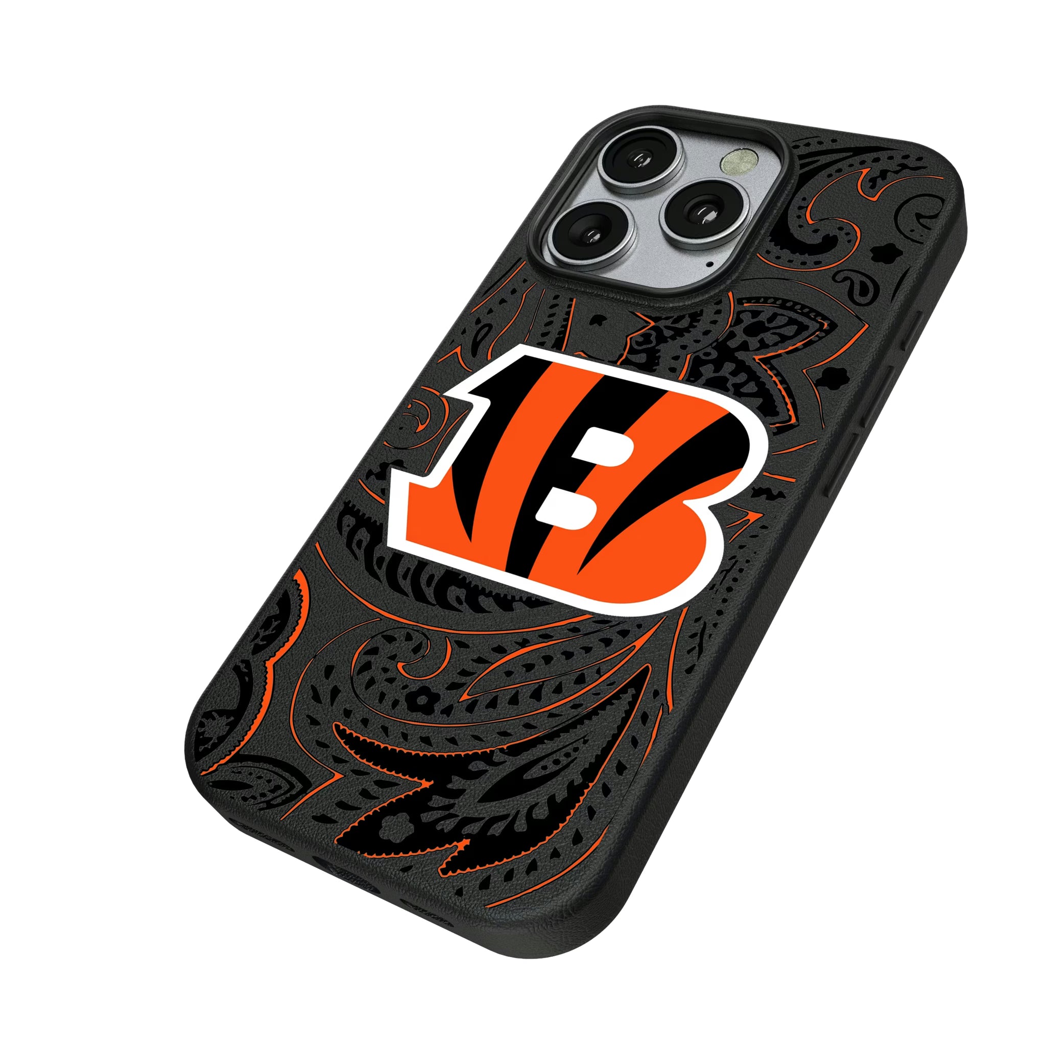Cincinnati Bengals Paisley iPhone MagSafe Compatible Phone Case for Apple iPhone - Isometric View