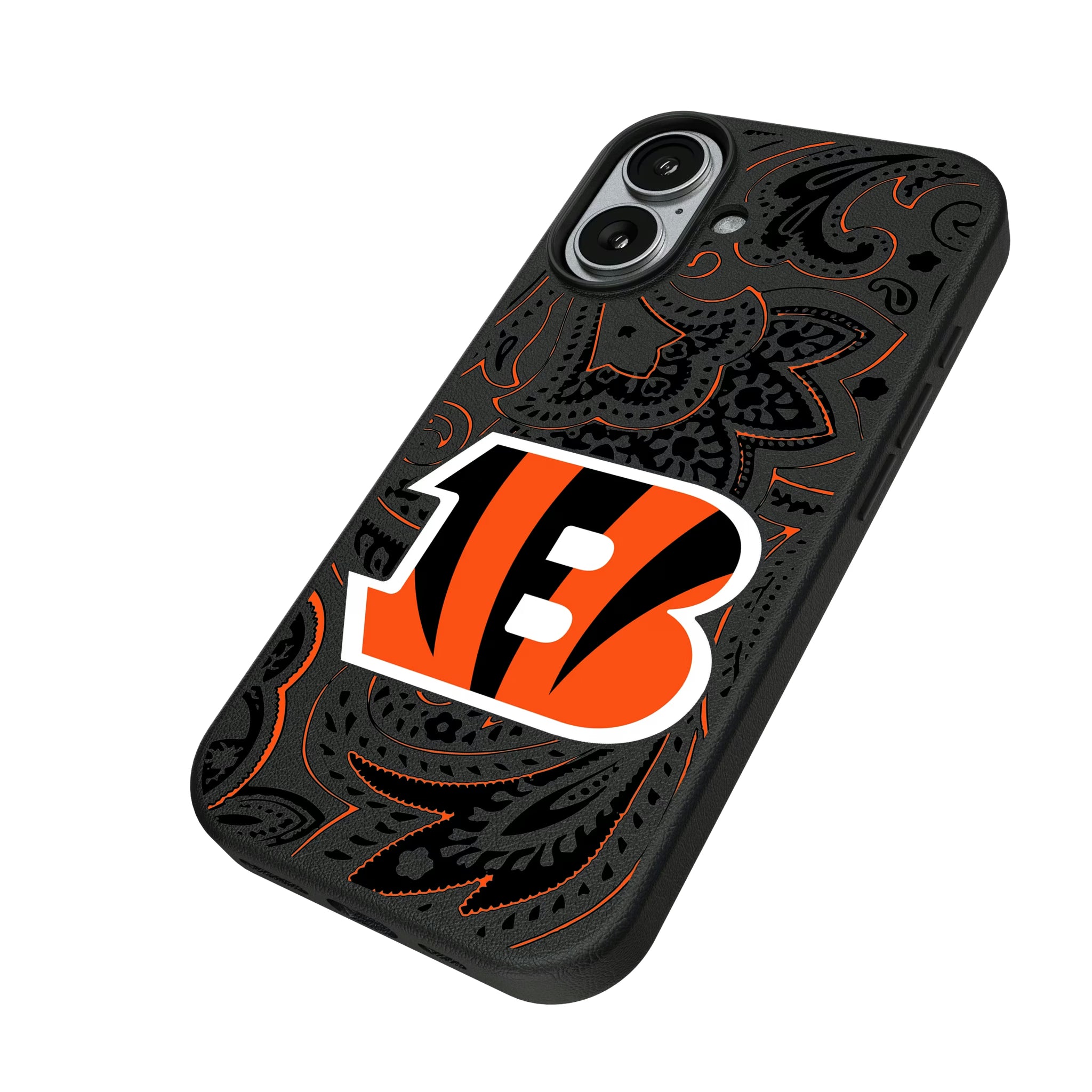 Cincinnati Bengals Paisley iPhone MagSafe Compatible Phone Case for Apple iPhone - Isometric View#Device_iPhone 17
