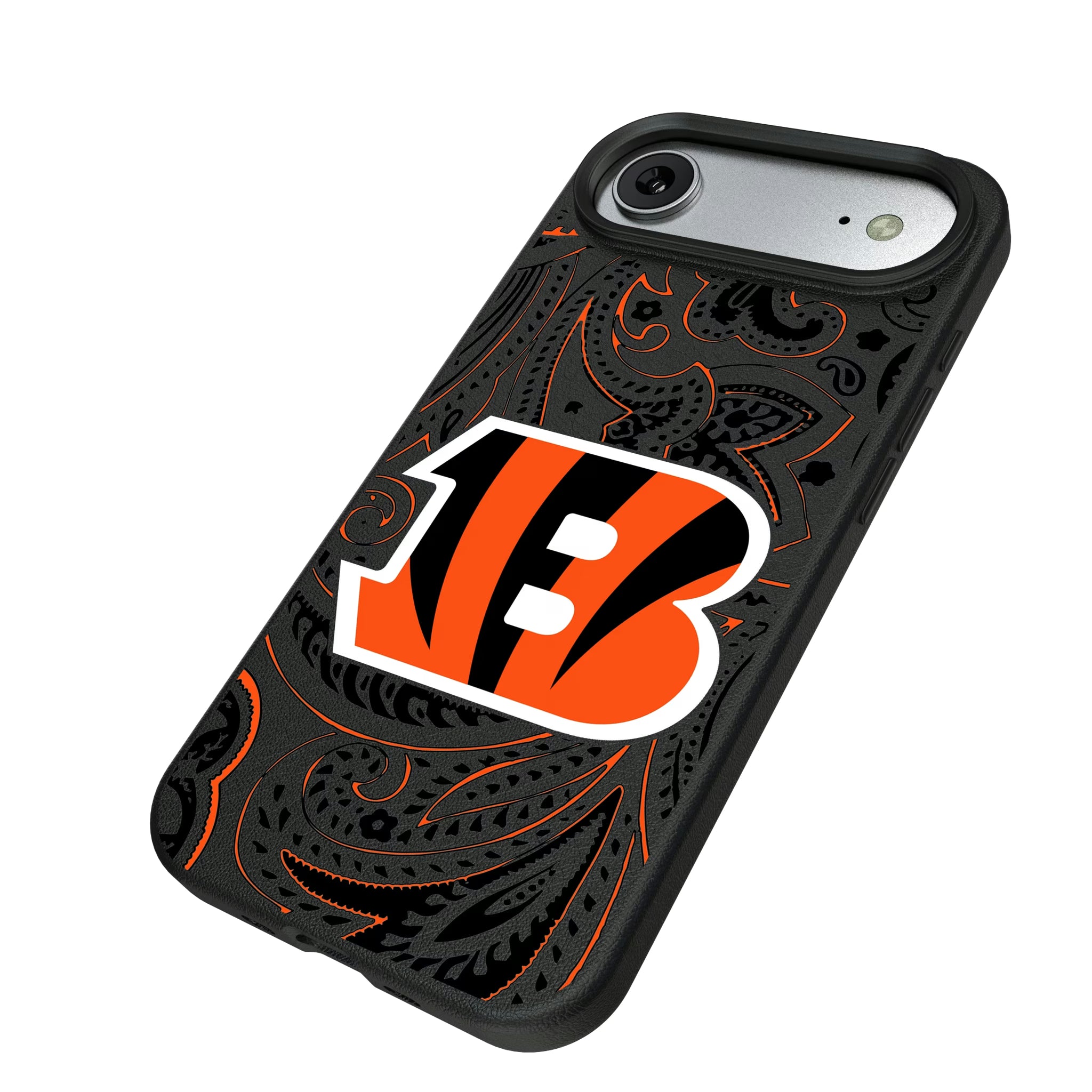 Cincinnati Bengals Paisley iPhone MagSafe Compatible Phone Case for Apple iPhone - Isometric View#Device_iPhone Air