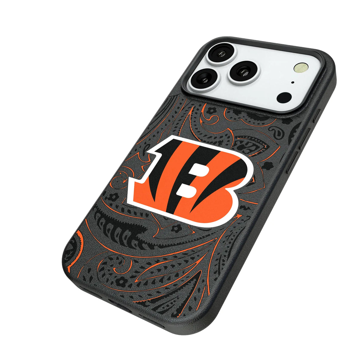 Cincinnati Bengals Paisley iPhone MagSafe Compatible Phone Case for Apple iPhone - Isometric View#Device_iPhone 18 Pro