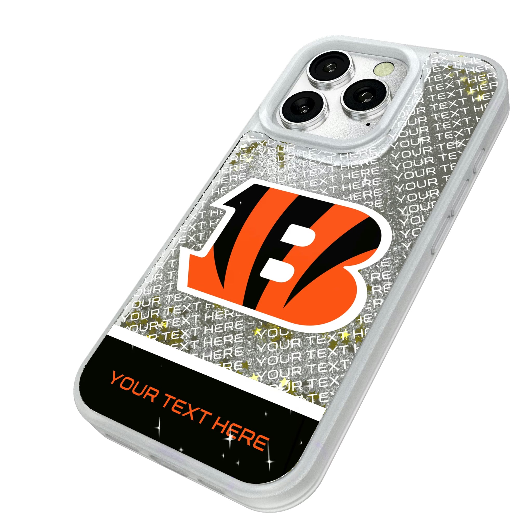 Cincinnati Bengals Personalized EndZone Plus iPhone Glitter Phone Case for Apple iPhone - Isometric View#Device_iPhone 16 Pro