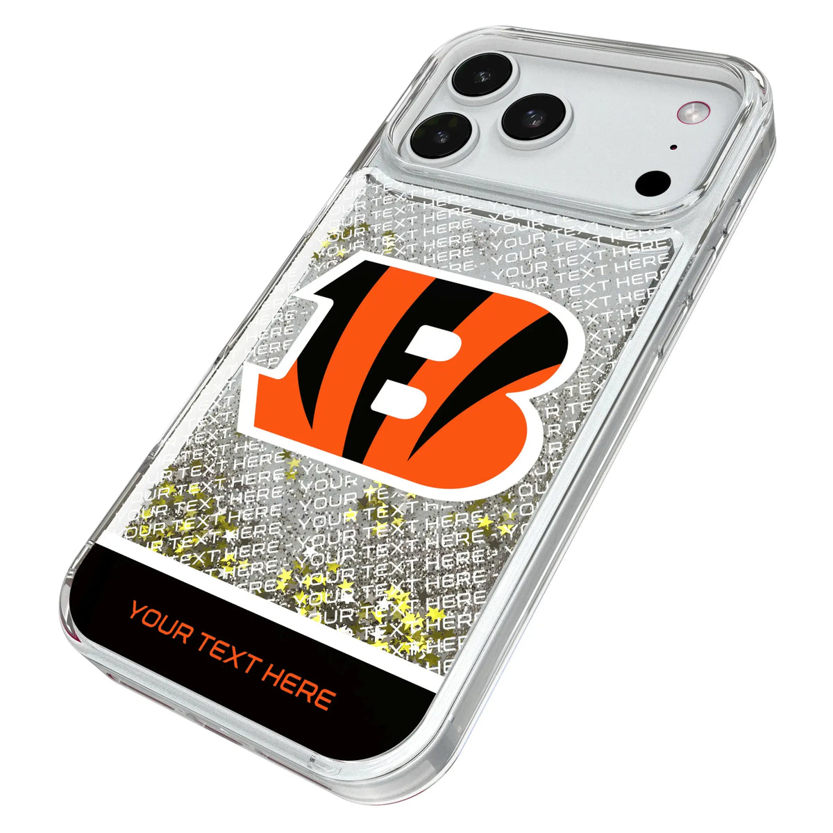 Cincinnati Bengals Personalized EndZone Plus iPhone Glitter Phone Case for Apple iPhone - Isometric View#Device_iPhone 18 Pro Max