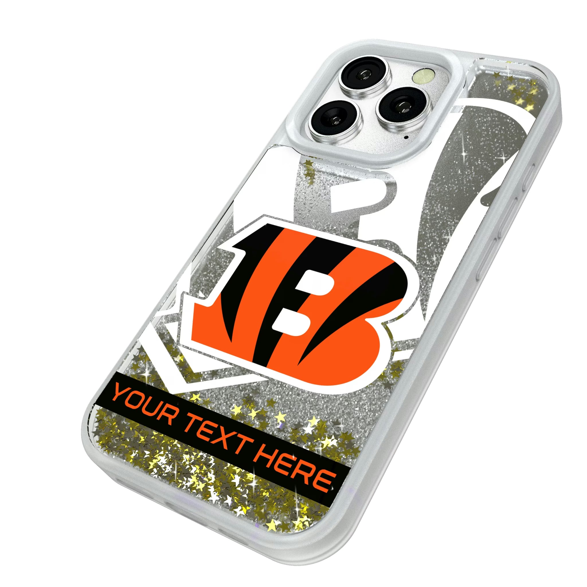 Cincinnati Bengals Personalized Tilt iPhone Glitter Phone Case for Apple iPhone - Isometric View#Device_iPhone 16 Pro
