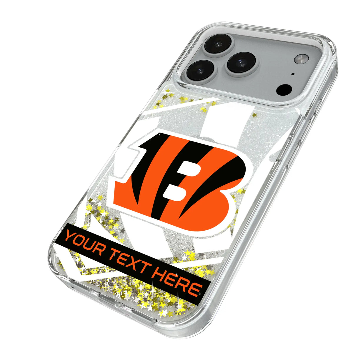 Cincinnati Bengals Personalized Tilt iPhone Glitter Phone Case for Apple iPhone - Isometric View#Device_iPhone 18 Pro