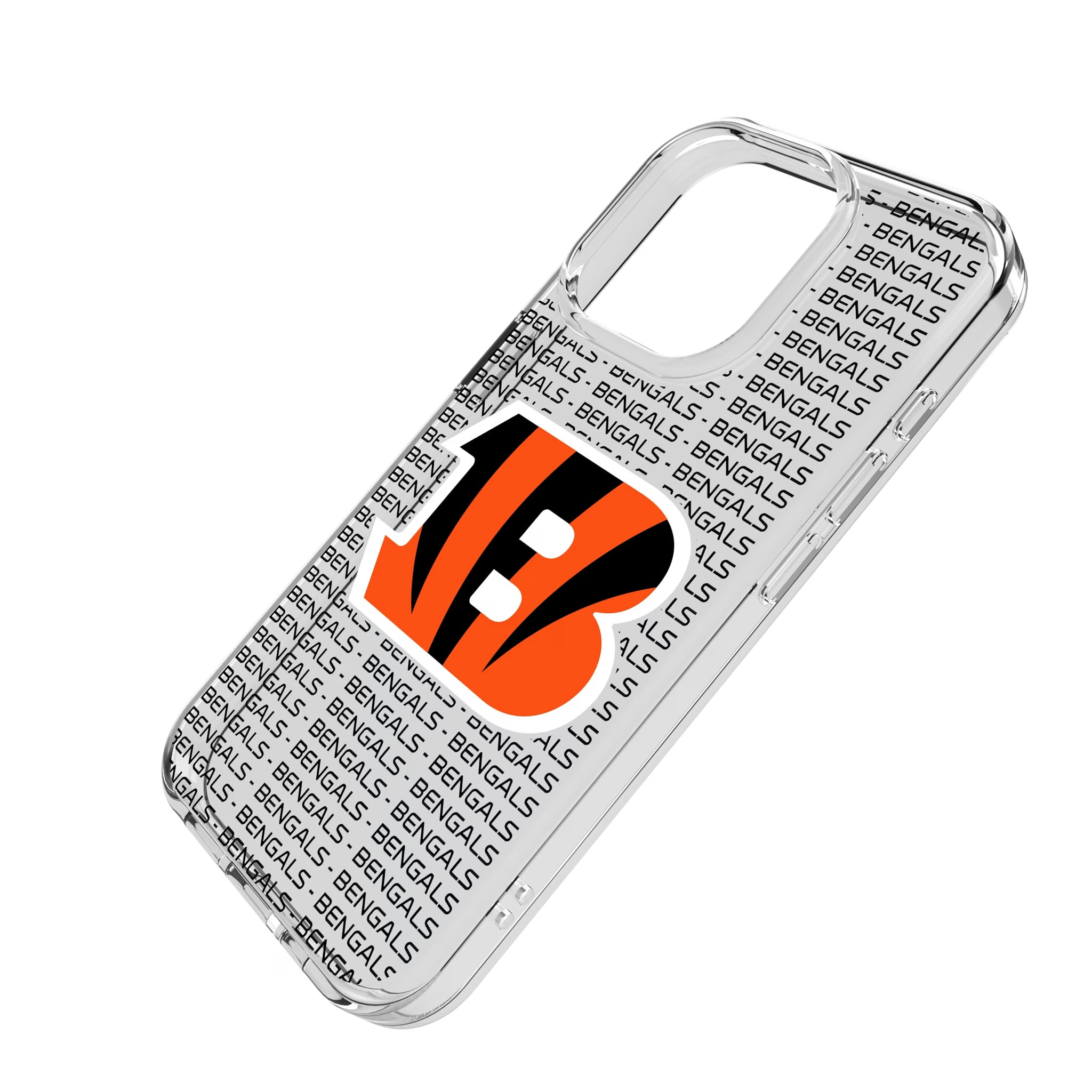 Cincinnati Bengals Text Backdrop iPhone Clear Phone Case for Apple iPhone - Isometric View