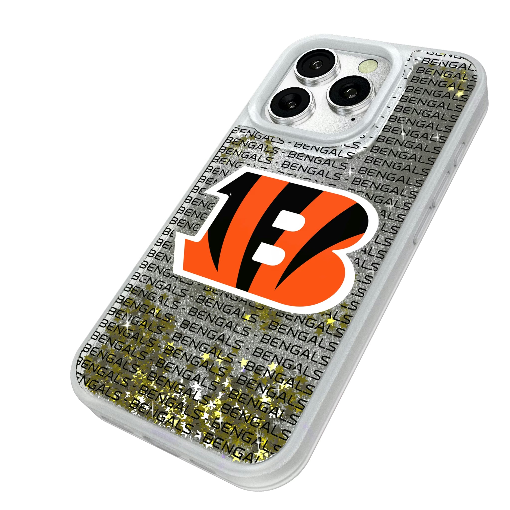 Cincinnati Bengals Text Backdrop iPhone Glitter Phone Case for Apple iPhone - Isometric View#Device_iPhone 16 Pro