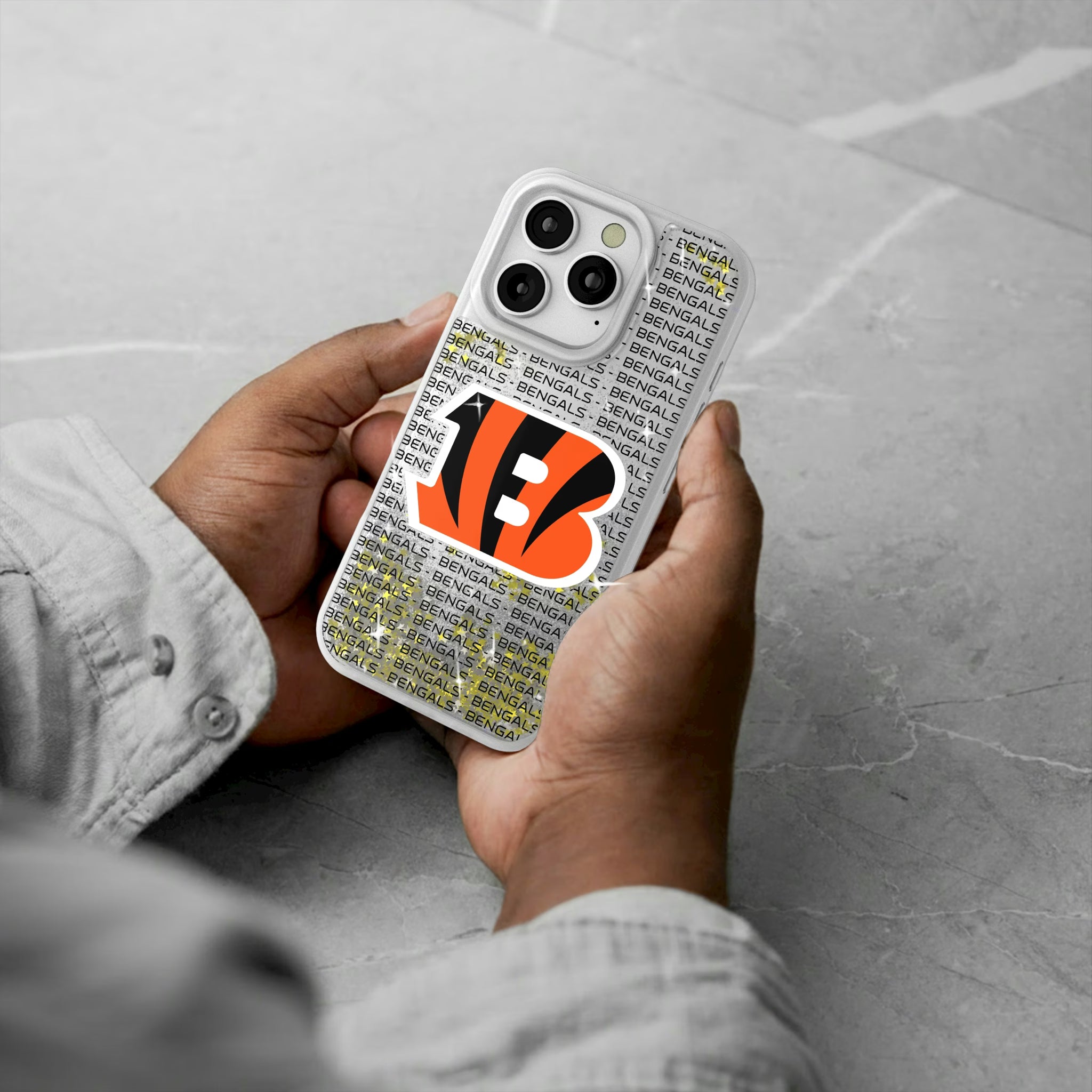 Cincinnati Bengals Text Backdrop iPhone Glitter Phone Case for Apple iPhone - Lifestyle#Device_iPhone 16 Pro