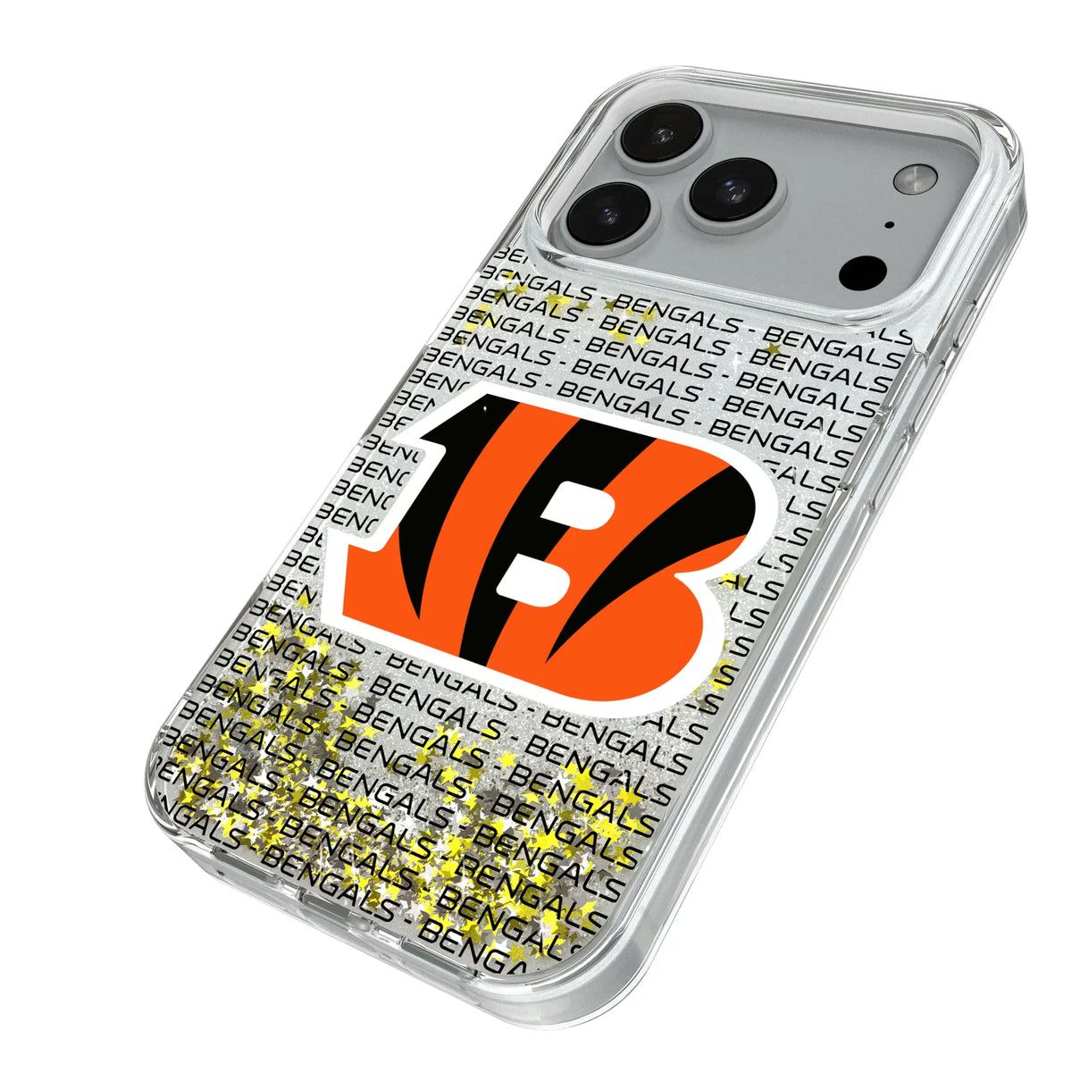 Cincinnati Bengals Text Backdrop iPhone Glitter Phone Case for Apple iPhone - Isometric View#Device_iPhone 18 Pro