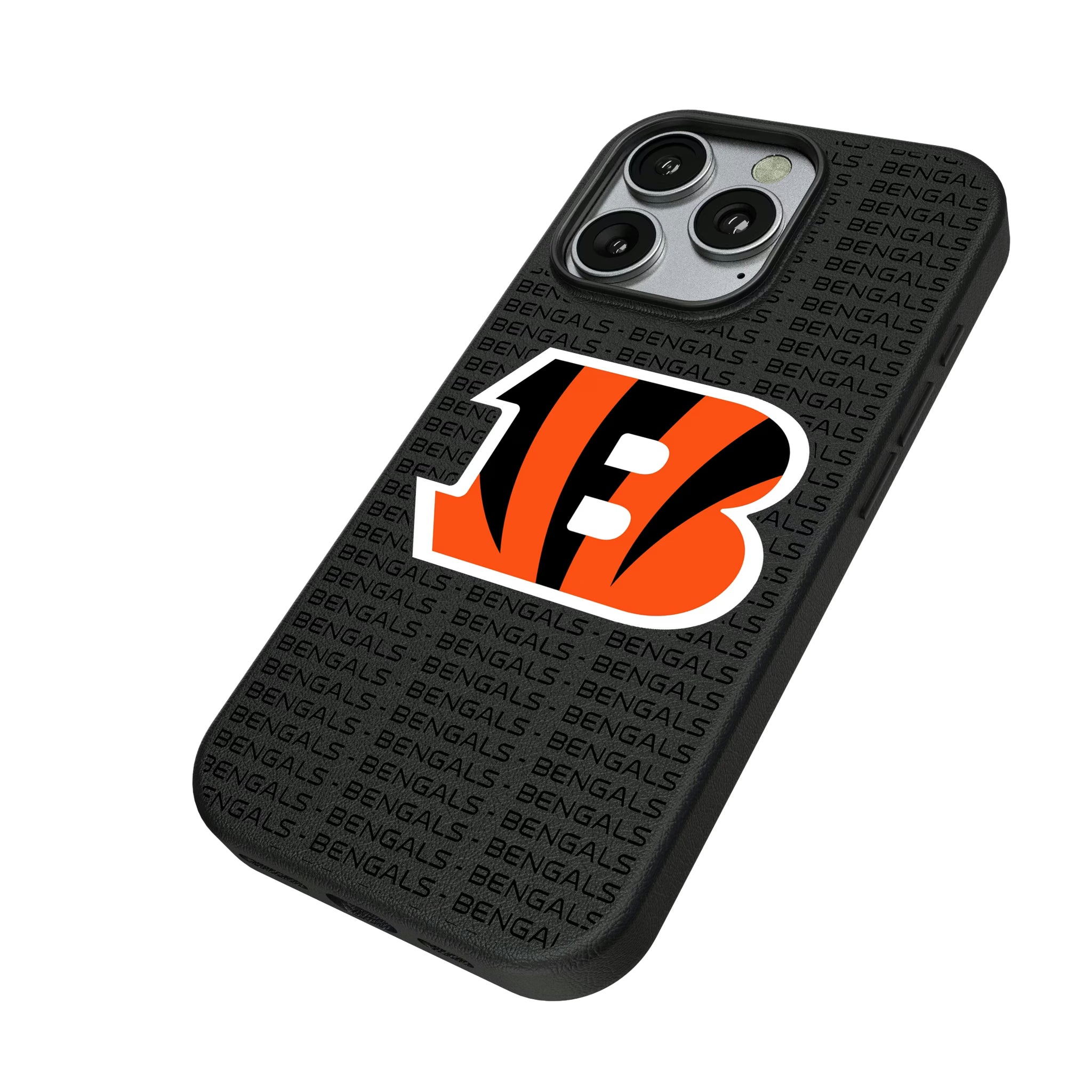 Cincinnati Bengals Text Backdrop iPhone MagSafe Compatible Phone Case for Apple iPhone - Isometric View