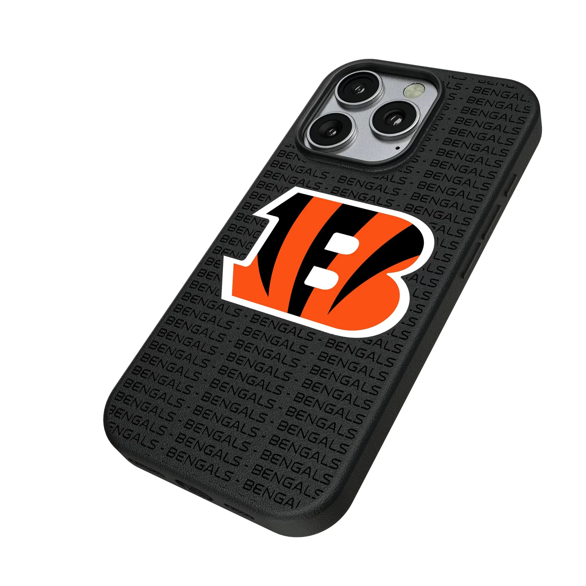 Cincinnati Bengals Text Backdrop iPhone MagSafe Compatible Phone Case for Apple iPhone - Isometric View