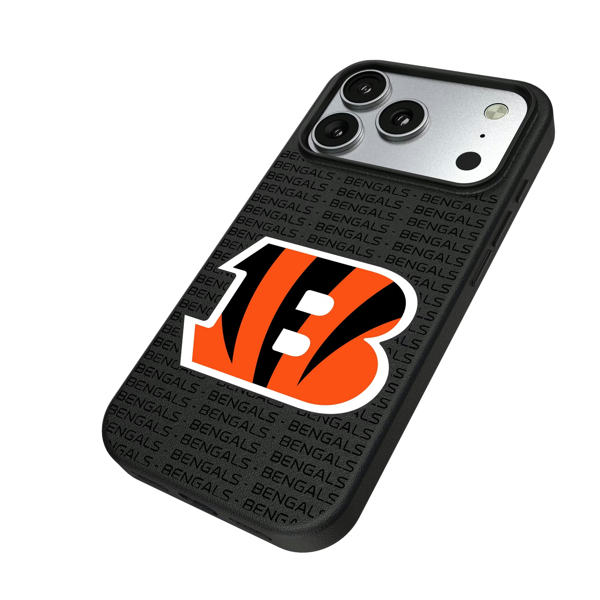 Cincinnati Bengals Text Backdrop iPhone MagSafe Compatible Phone Case for Apple iPhone - Isometric View#Device_iPhone 17 Pro