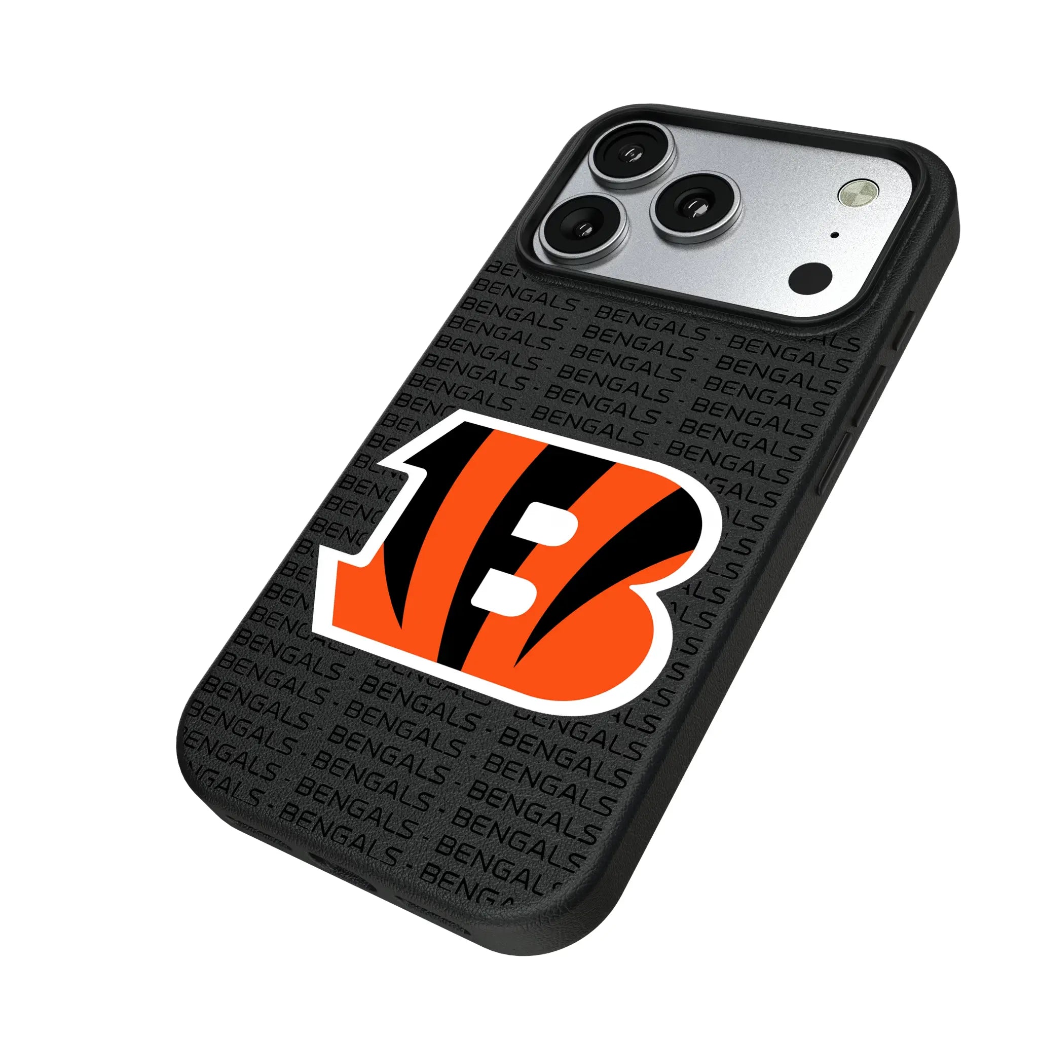 Cincinnati Bengals Text Backdrop iPhone MagSafe Compatible Phone Case for Apple iPhone - Isometric View#Device_iPhone 17 Pro