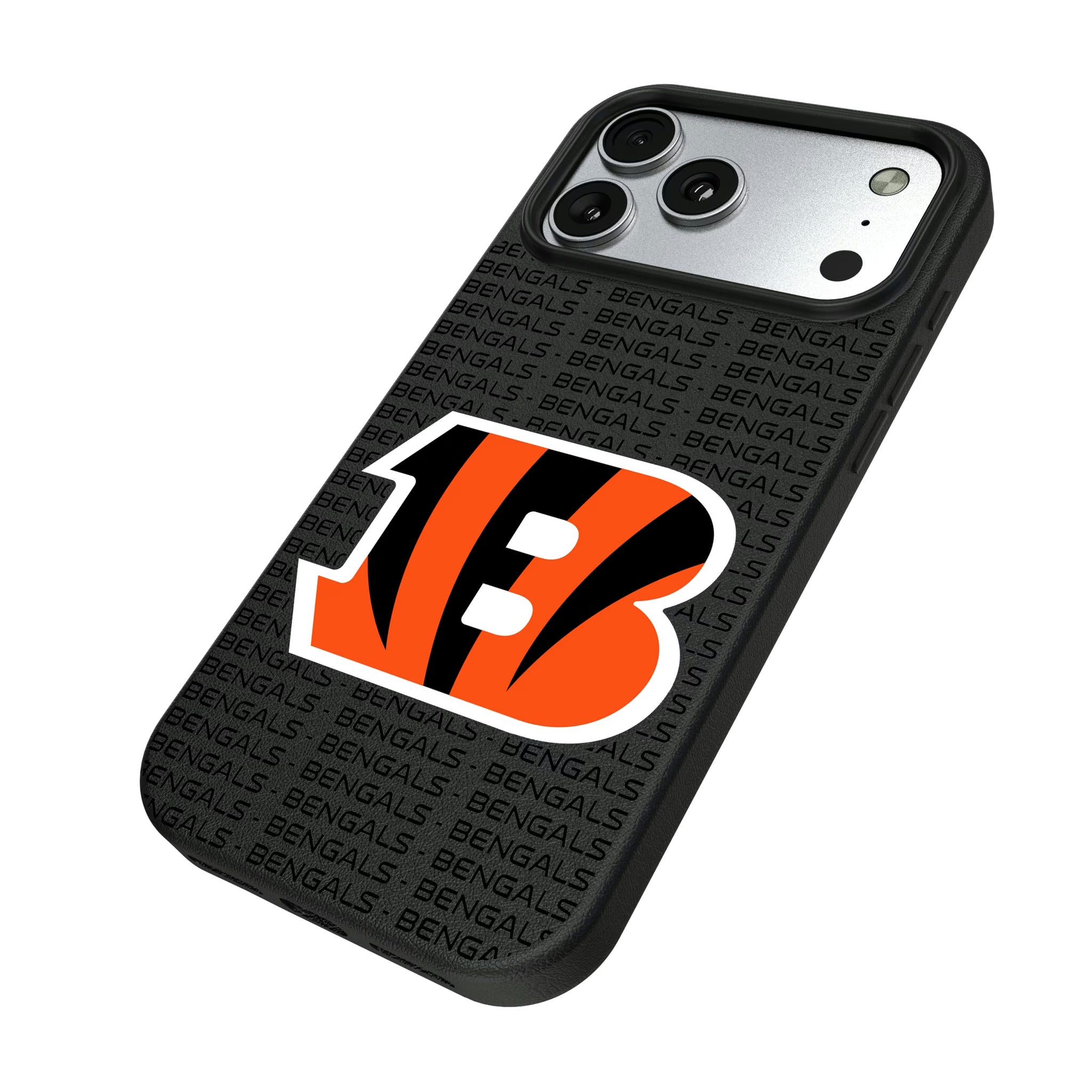 Cincinnati Bengals Text Backdrop iPhone MagSafe Compatible Phone Case for Apple iPhone - Isometric View#Device_iPhone 17 Pro Max