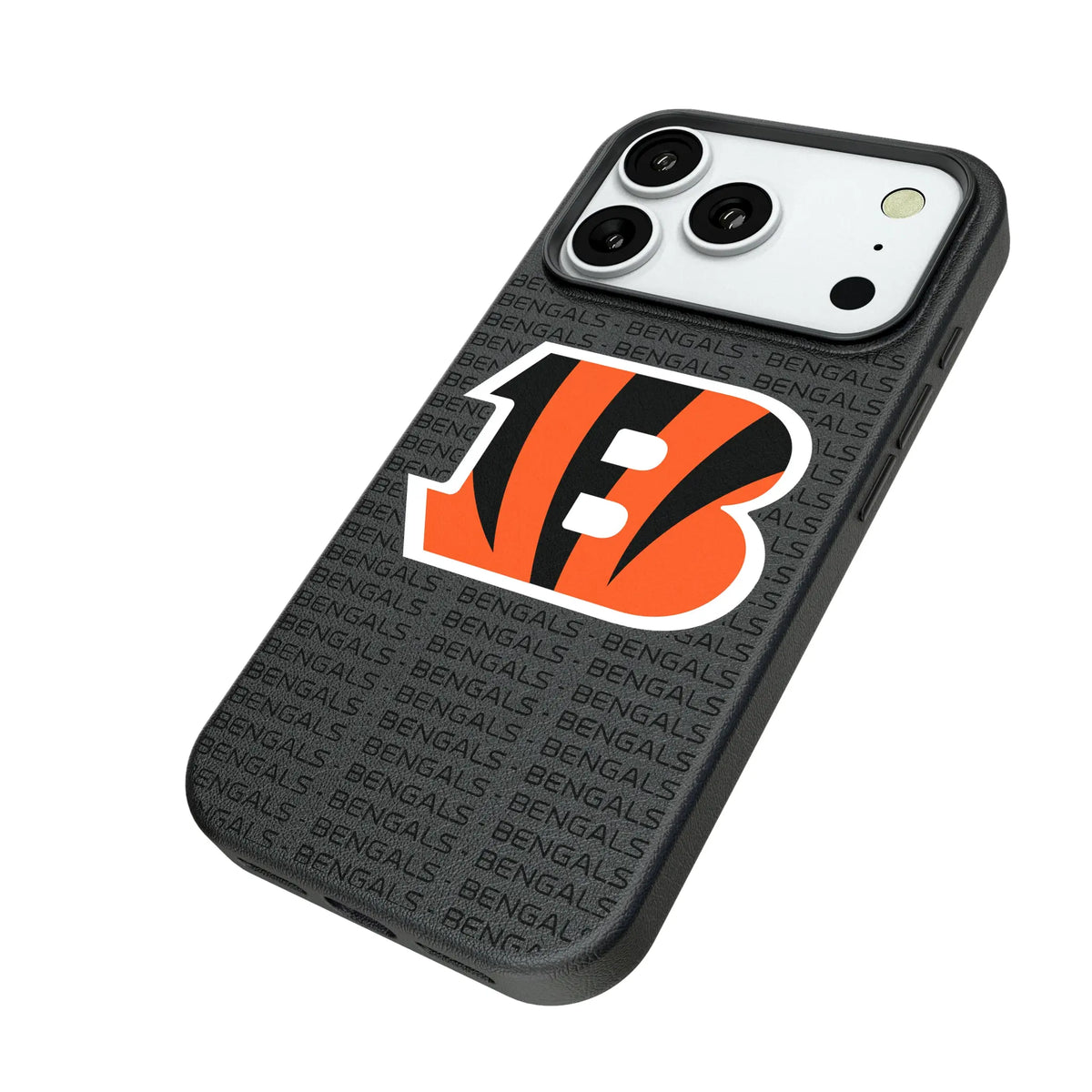 Cincinnati Bengals Text Backdrop iPhone MagSafe Compatible Phone Case for Apple iPhone - Isometric View#Device_iPhone 18 Pro