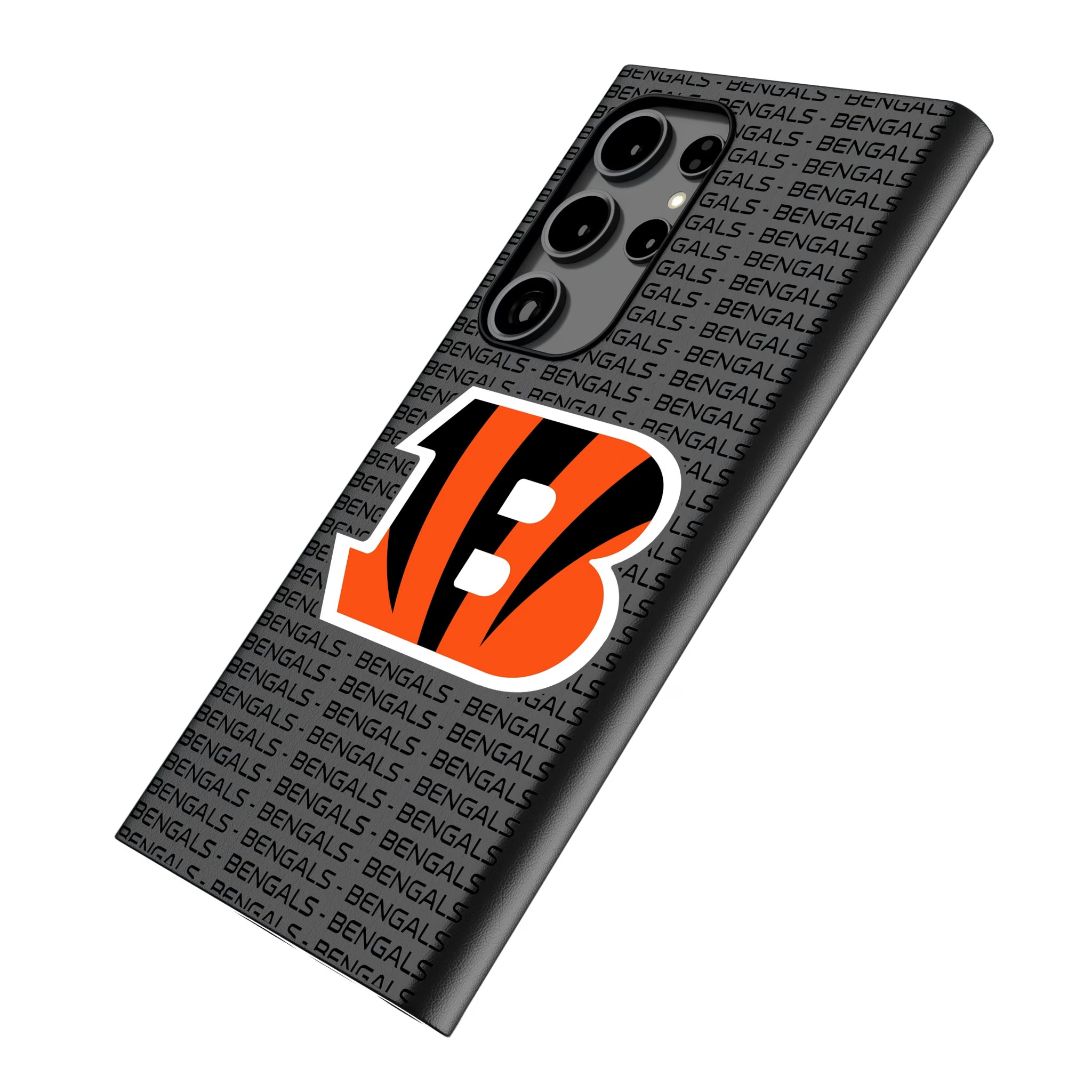 Cincinnati Bengals Text Backdrop Galaxy MagSafe Compatible Phone Case for Samsung Galaxy - Isometric View