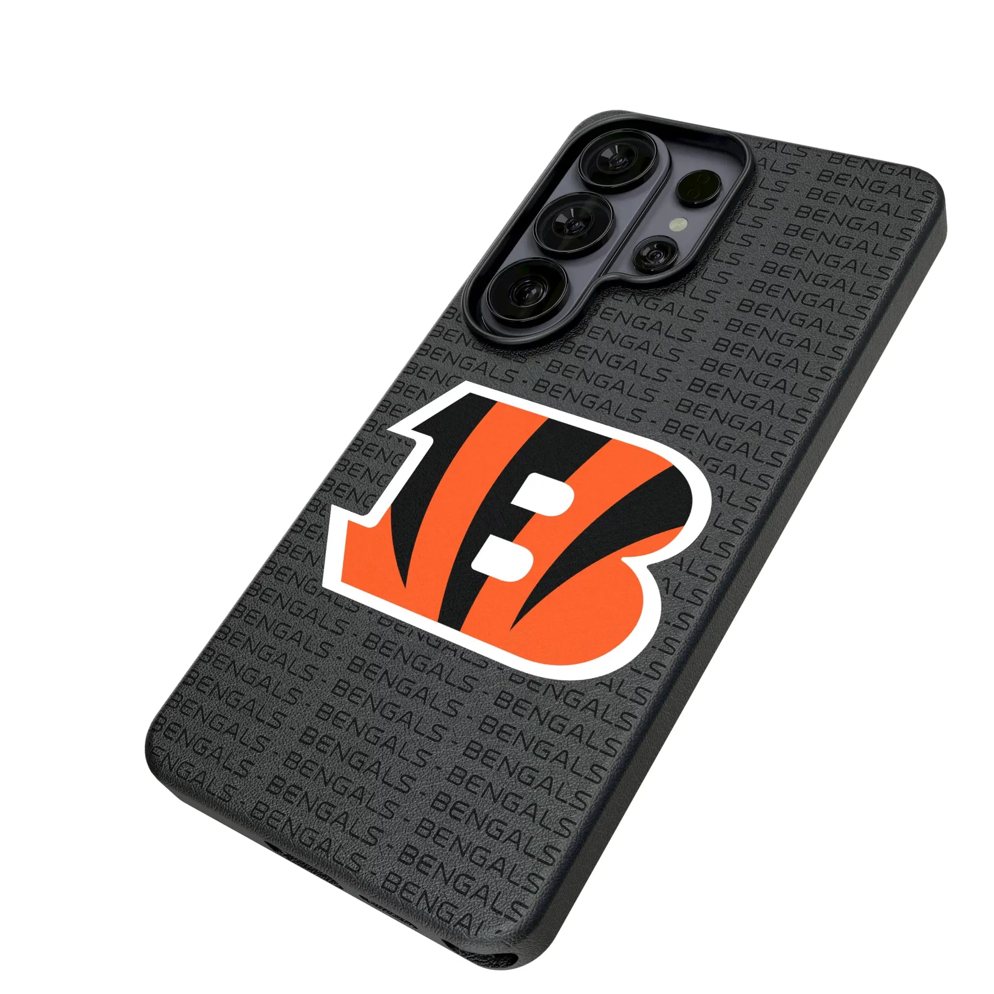 Cincinnati Bengals Text Backdrop Galaxy MagSafe Compatible Phone Case for Samsung Galaxy - Isometric View#Device_Galaxy S26 Ultra