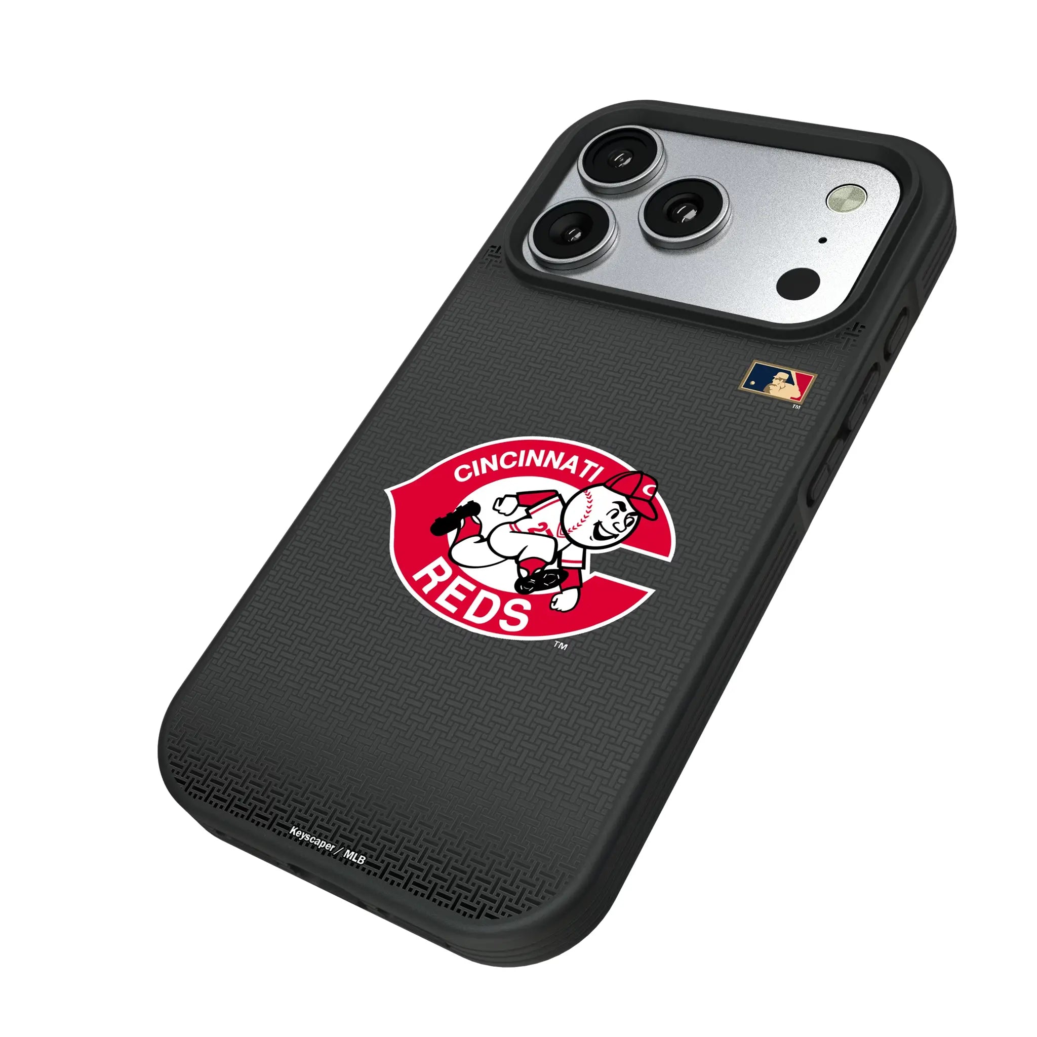Cincinnati Reds 1974-1992 - Cooperstown Collection Linen iPhone Bump Phone Case for Apple iPhone - Isometric View#Device_iPhone 17 Pro
