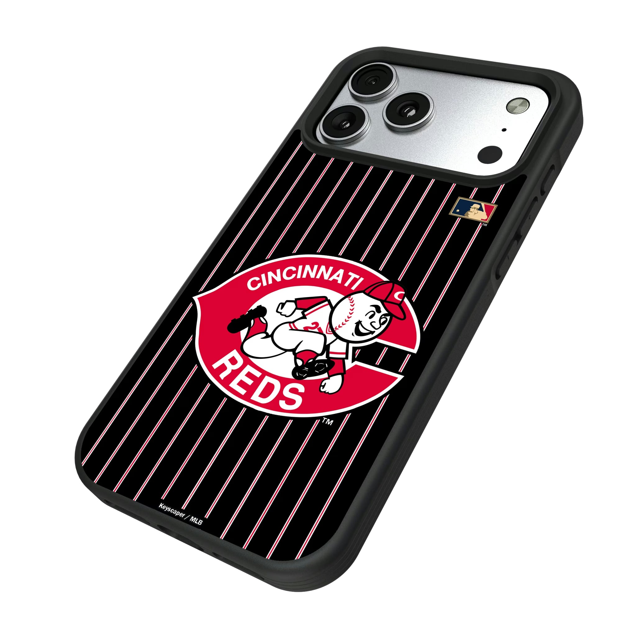 Cincinnati Reds 1974-1992 - Cooperstown Collection Pinstripe iPhone Bump Phone Case for Apple iPhone - Isometric View#Device_iPhone 17 Pro Max