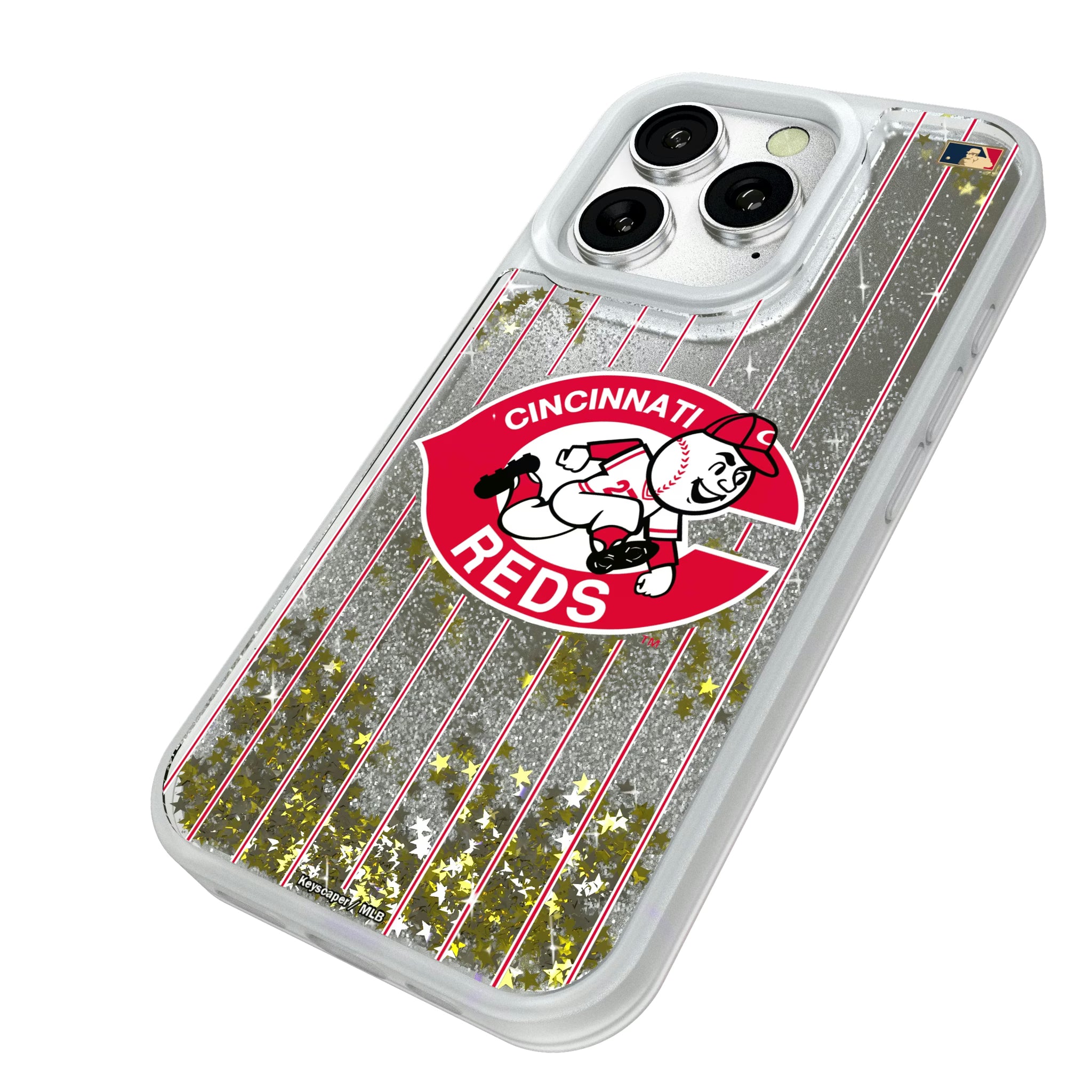 Cincinnati Reds 1974-1992 - Cooperstown Collection Pinstripe iPhone Glitter Phone Case for Apple iPhone - Isometric View#Device_iPhone 16 Pro