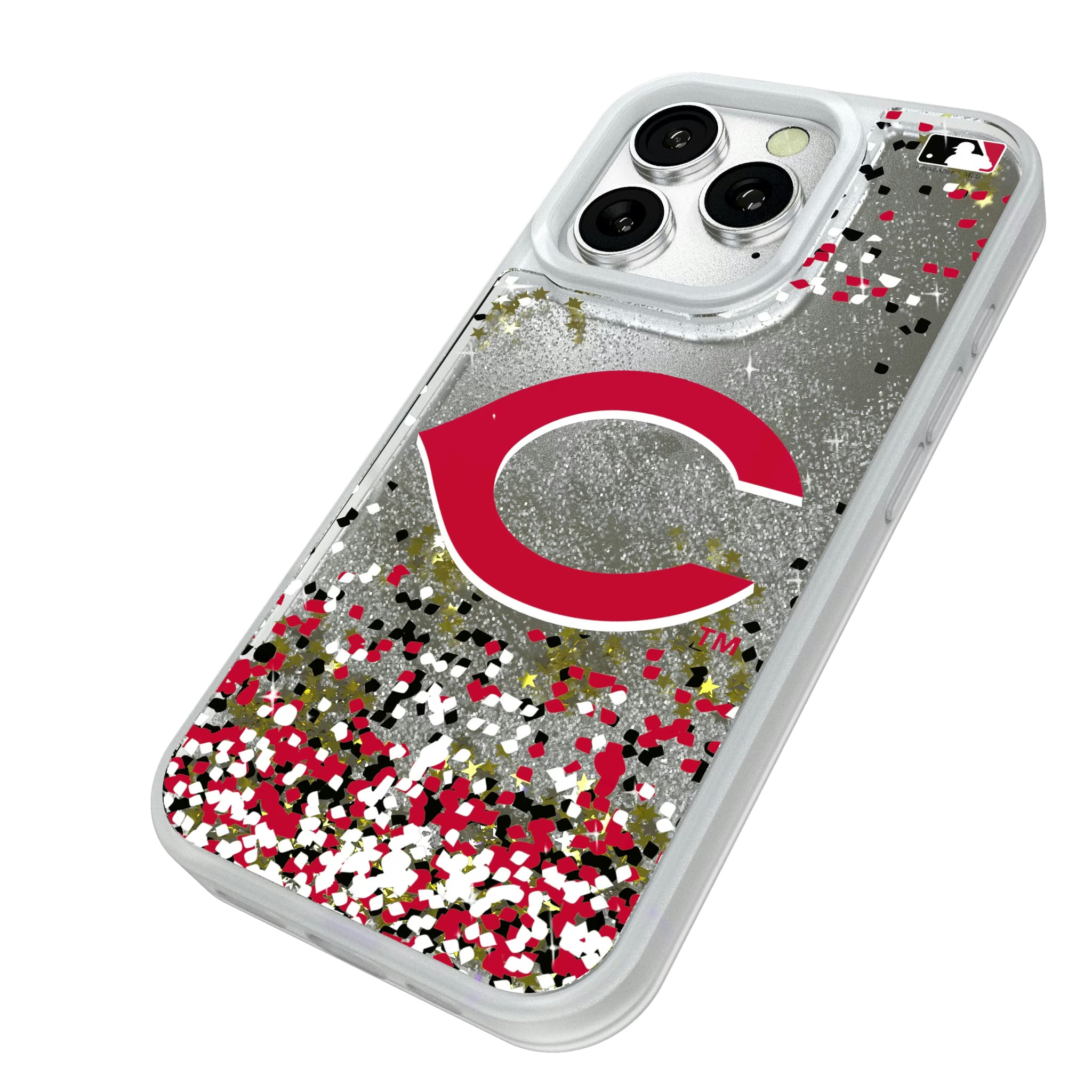 Cincinnati Reds Confetti iPhone Glitter Phone Case for Apple iPhone - Isometric View#Device_iPhone 16 Pro