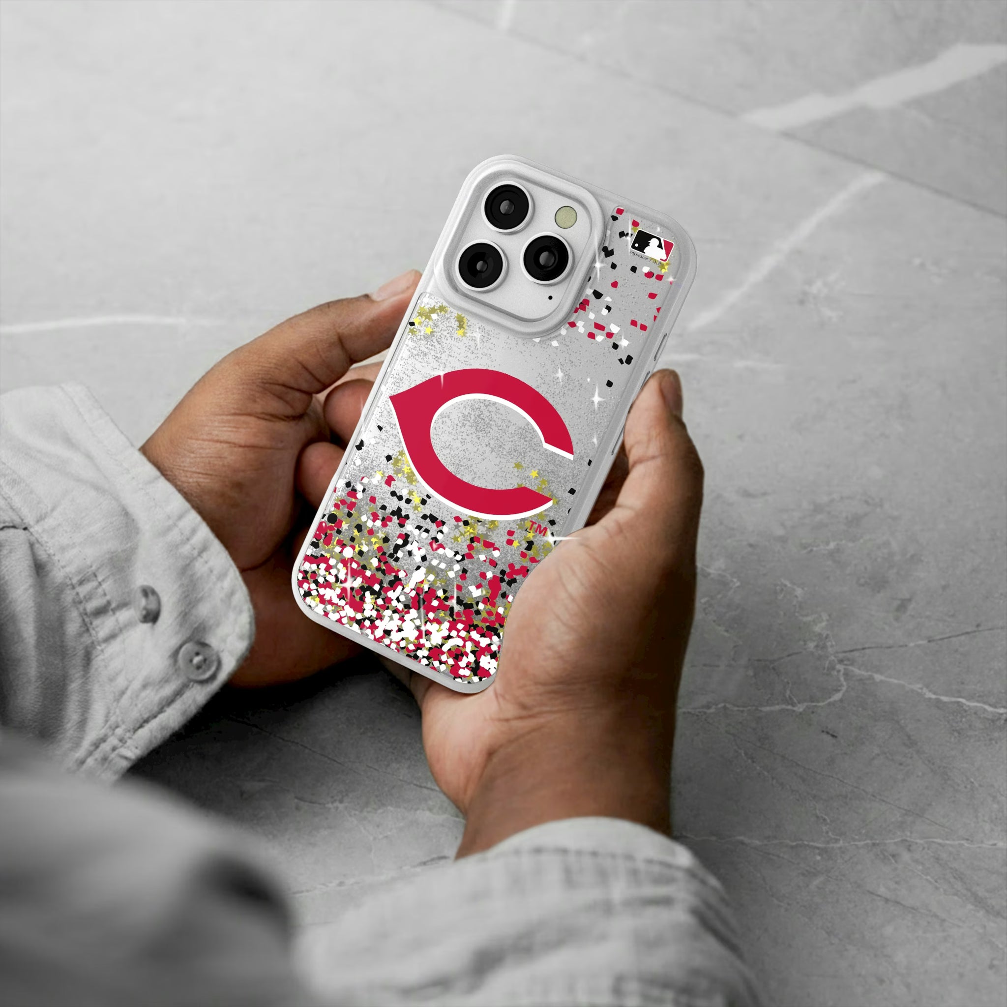 Cincinnati Reds Confetti iPhone Glitter Phone Case for Apple iPhone - Lifestyle#Device_iPhone 16 Pro