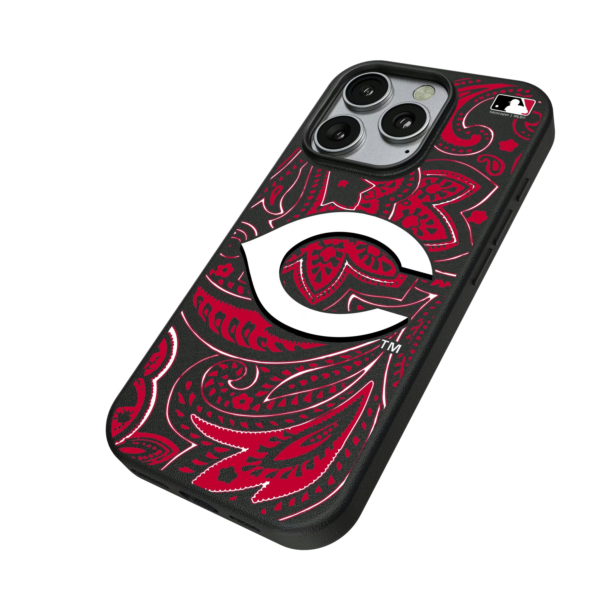 Cincinnati Reds Paisley iPhone MagSafe Compatible Phone Case for Apple iPhone - Isometric View